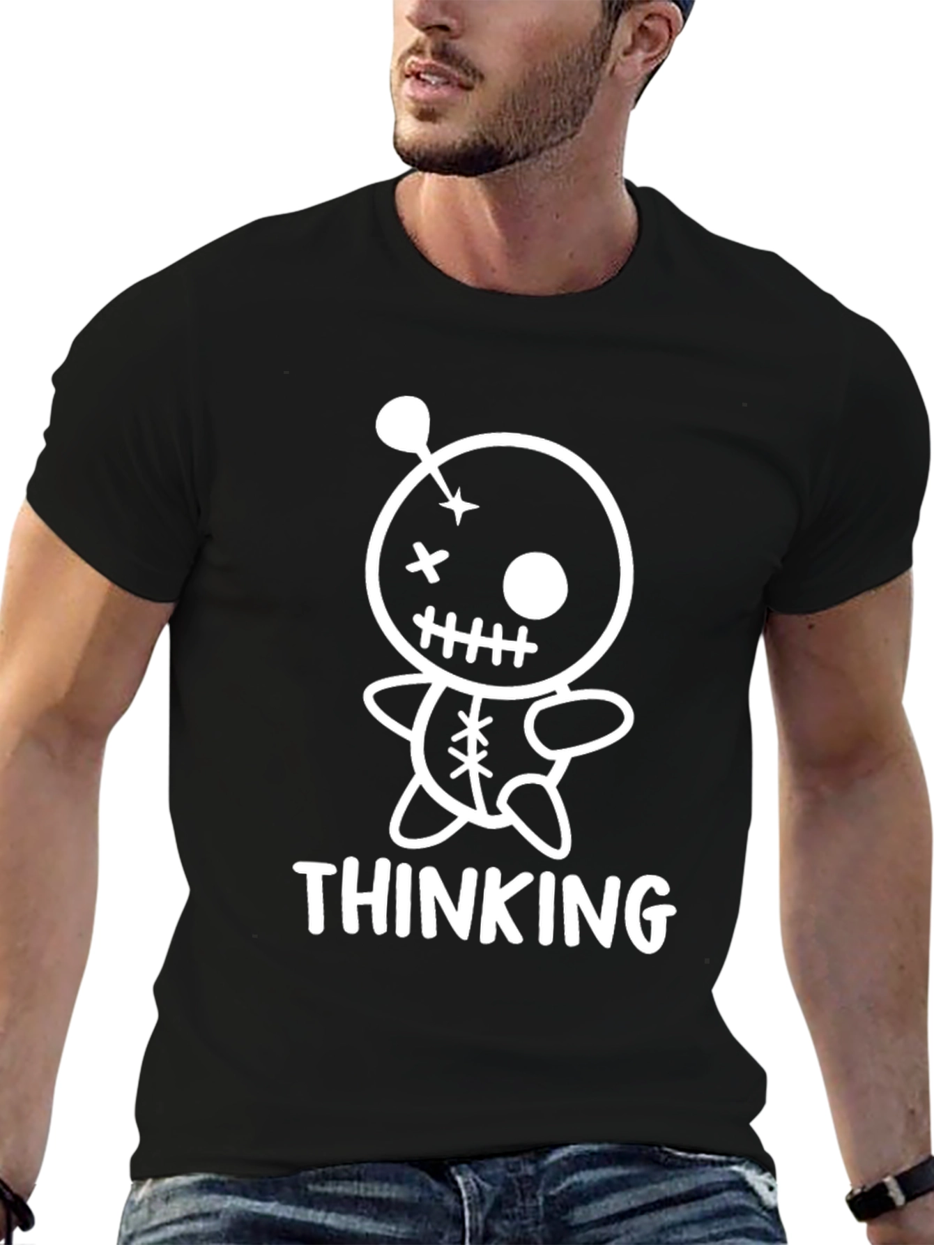 Thinking Voodoo Doll Graphic Tee - Black Cotton Shirt