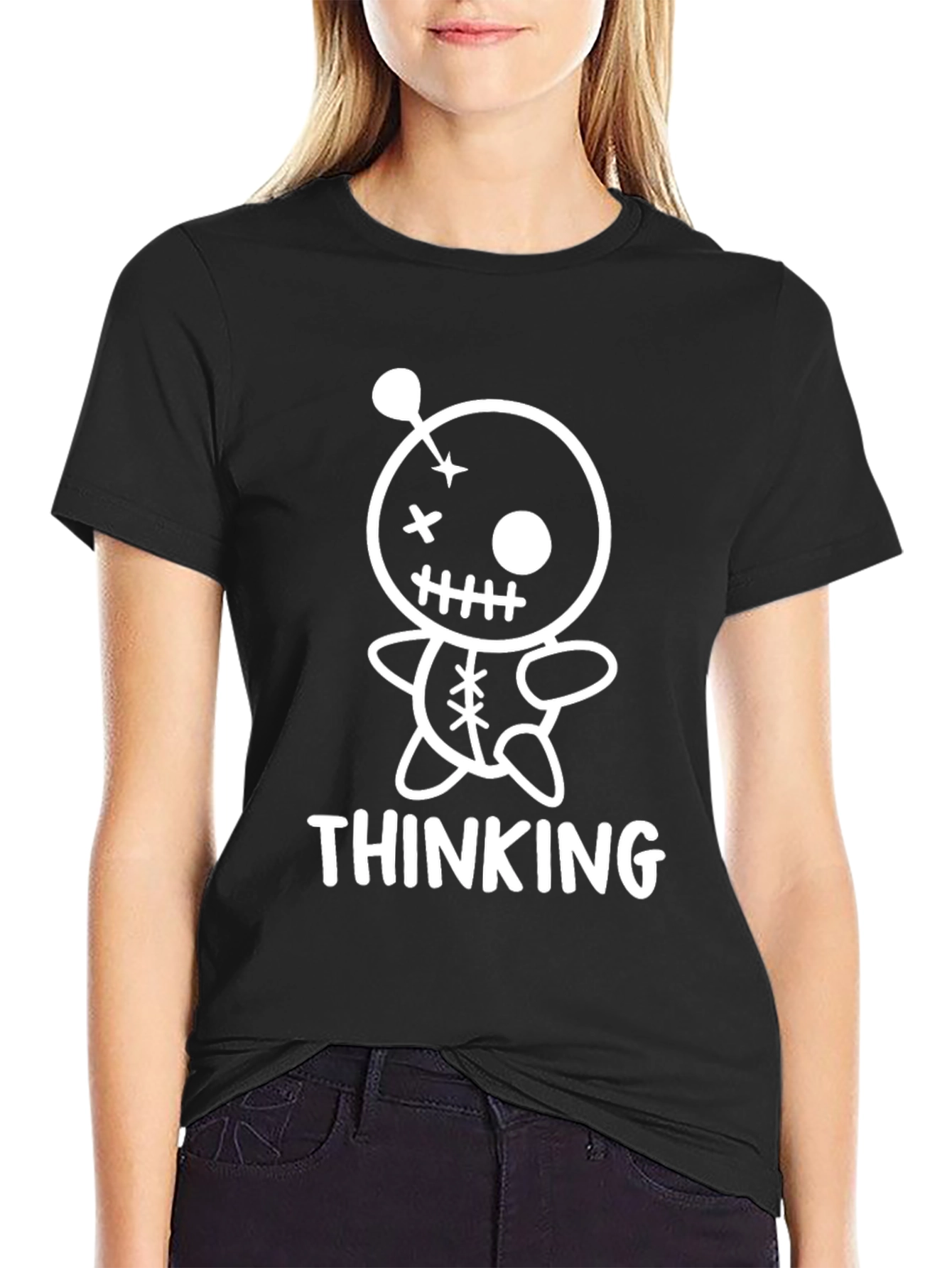 Thinking Voodoo Doll Graphic Tee - Black Cotton Shirt