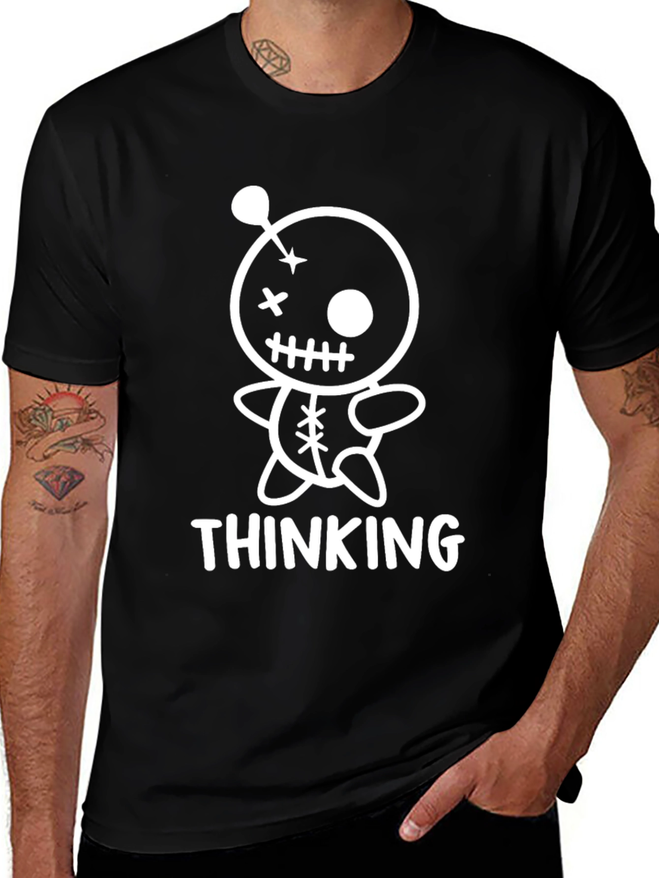 Thinking Voodoo Doll Graphic Tee - Black Cotton Shirt