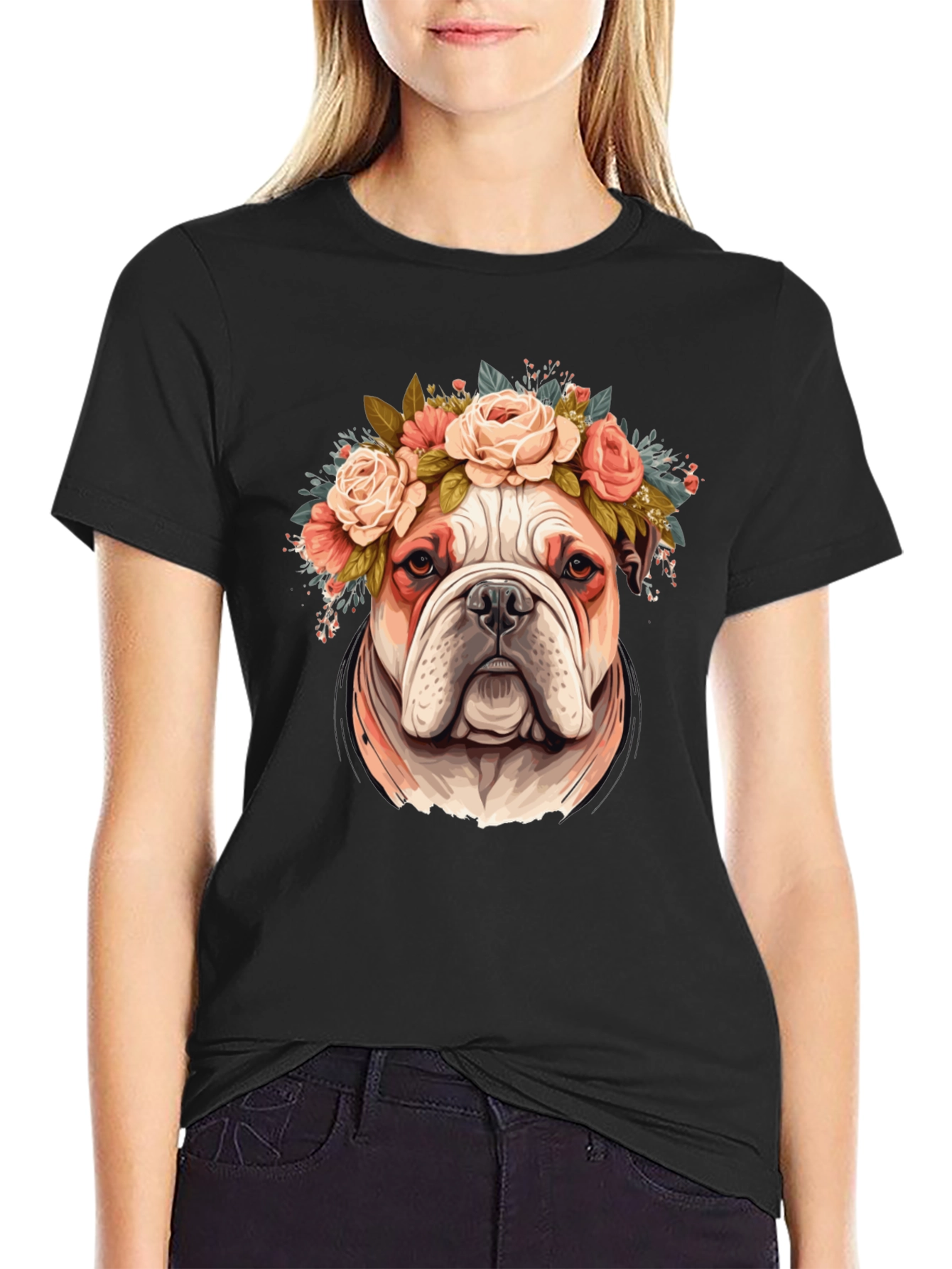 Bulldog Floral Crown T-Shirt - Black