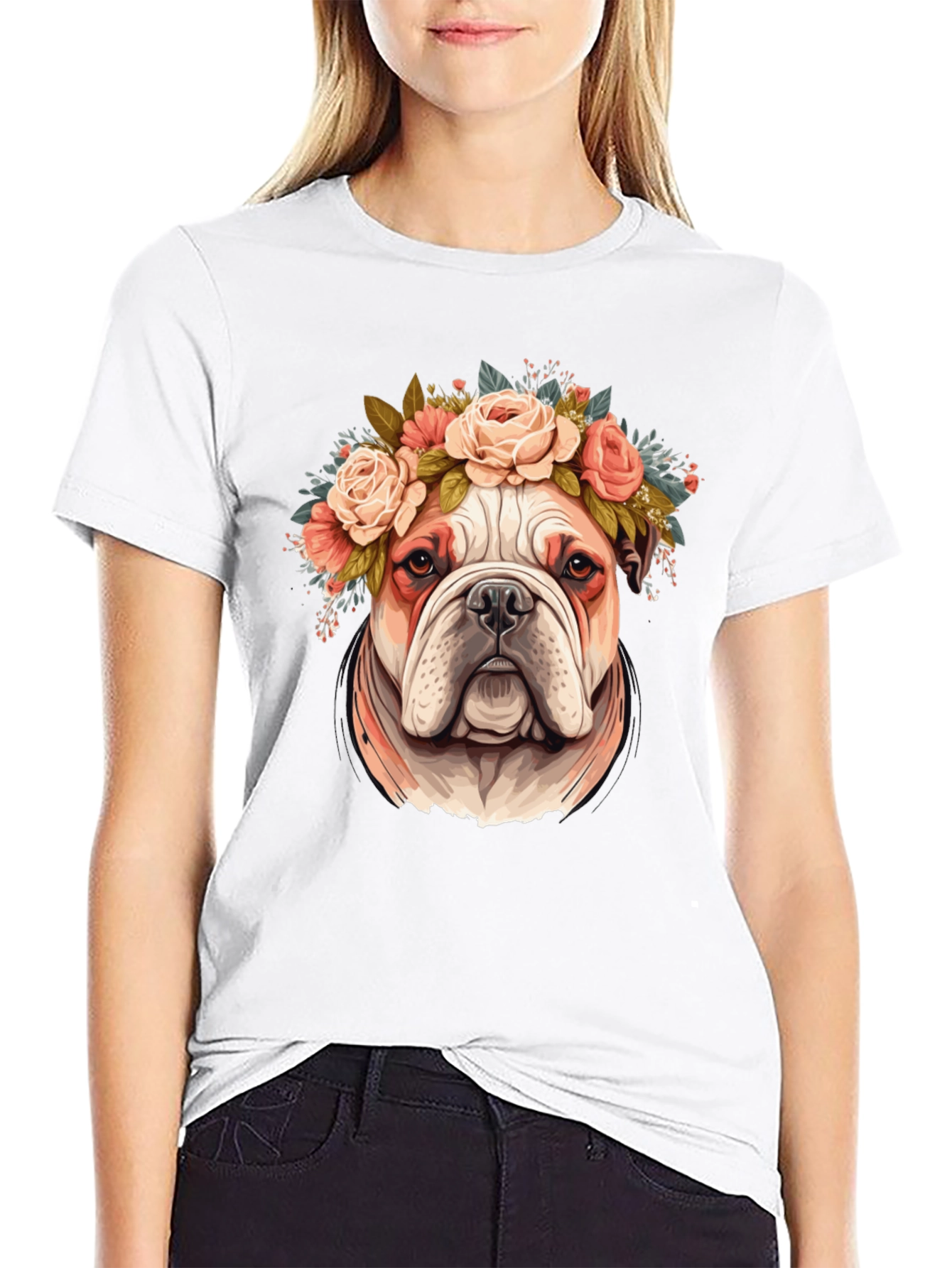 Bulldog Floral Crown T-Shirt - Black