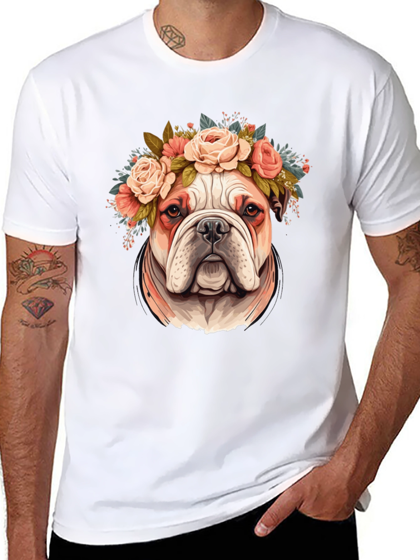 Bulldog Floral Crown T-Shirt - Black