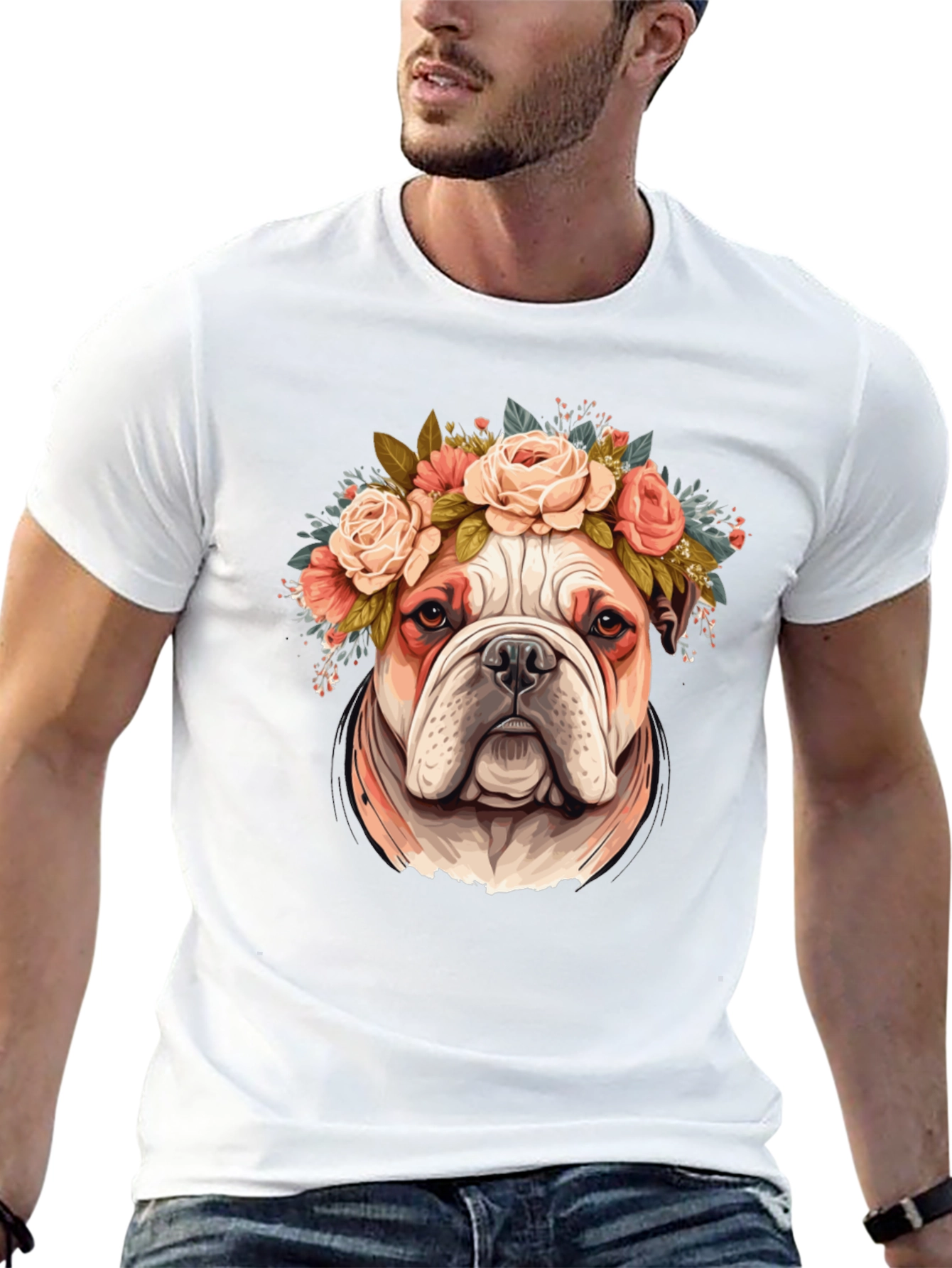 Bulldog Floral Crown T-Shirt - Black