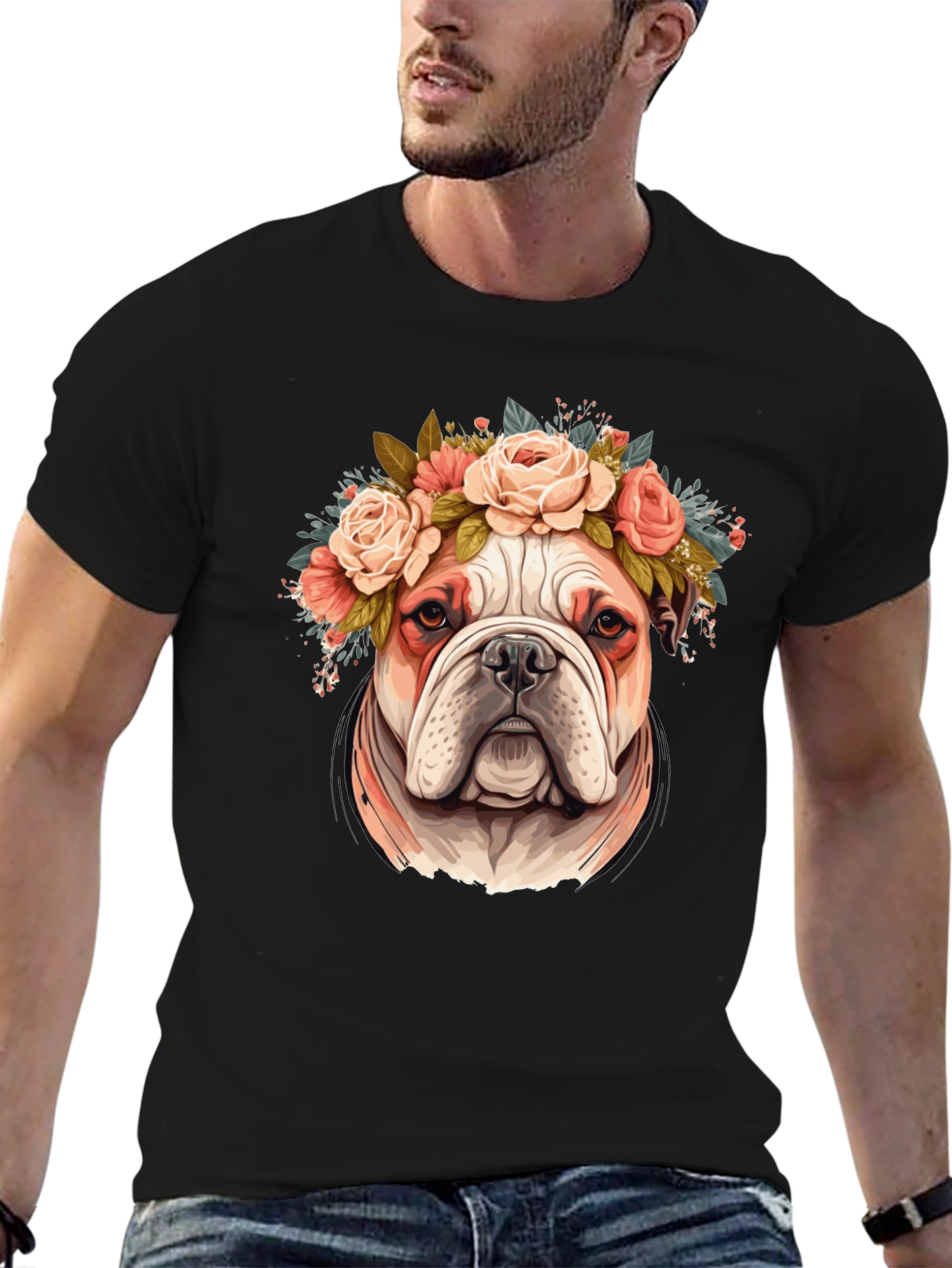 Bulldog Floral Crown T-Shirt - Black