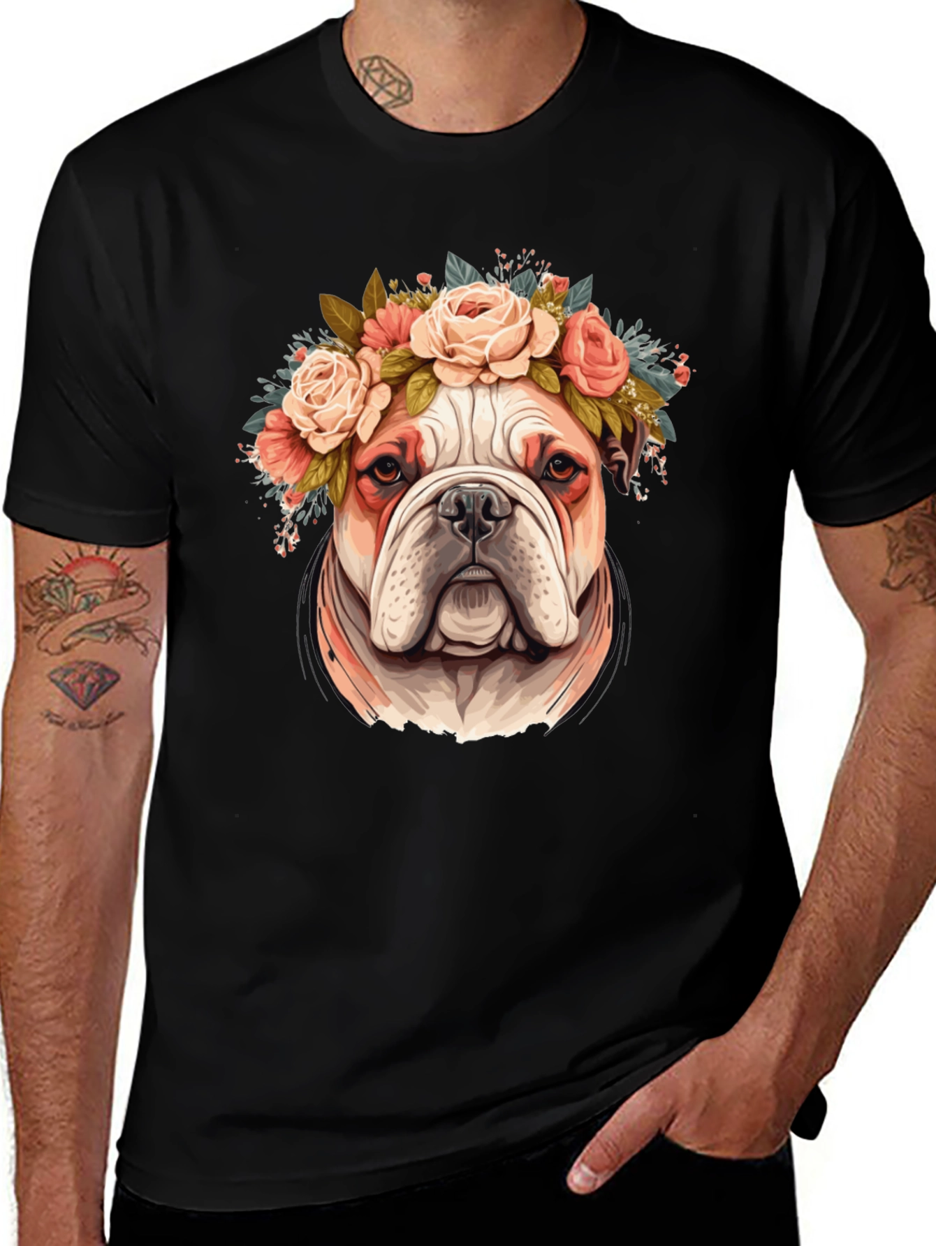 Bulldog Floral Crown T-Shirt - Black
