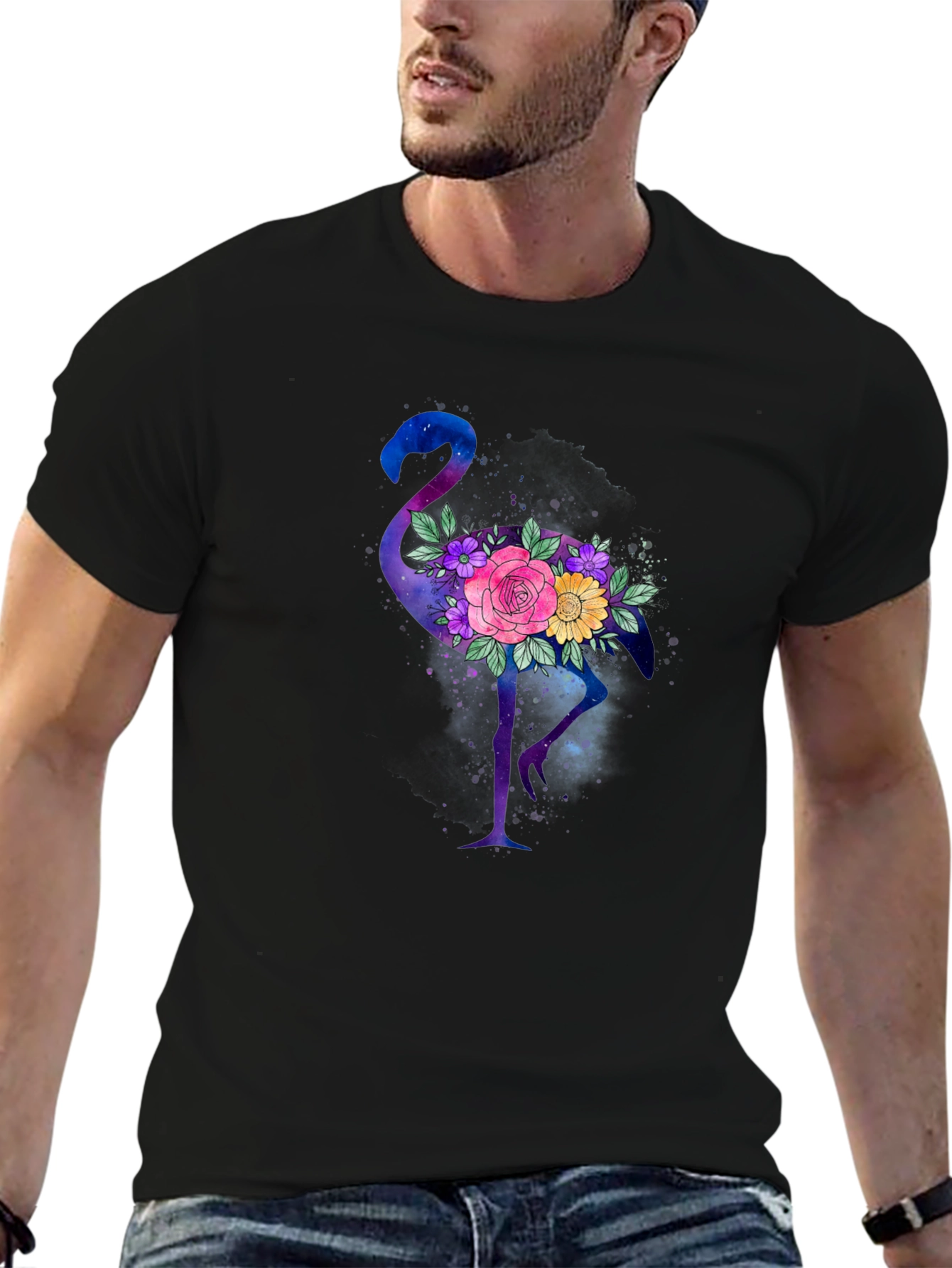 Floral Flamingo Black T-Shirt