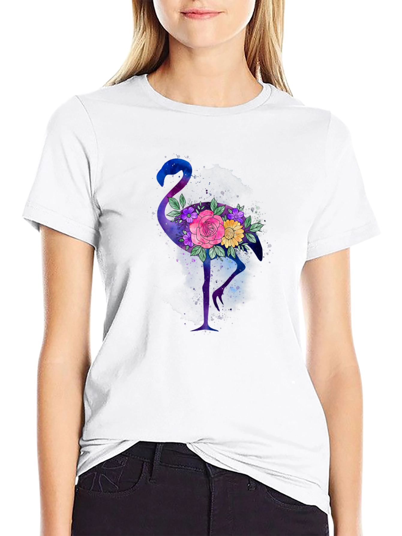 Floral Flamingo Black T-Shirt