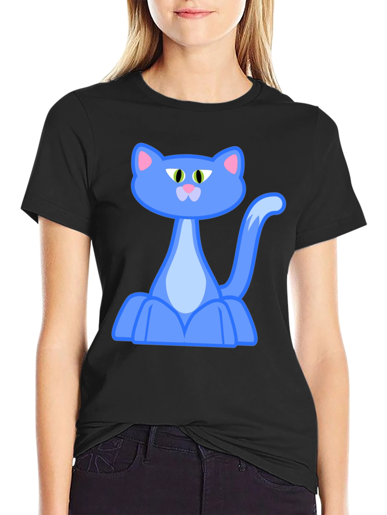 Cartoon Cat Graphic Tee - Black Cotton Blend