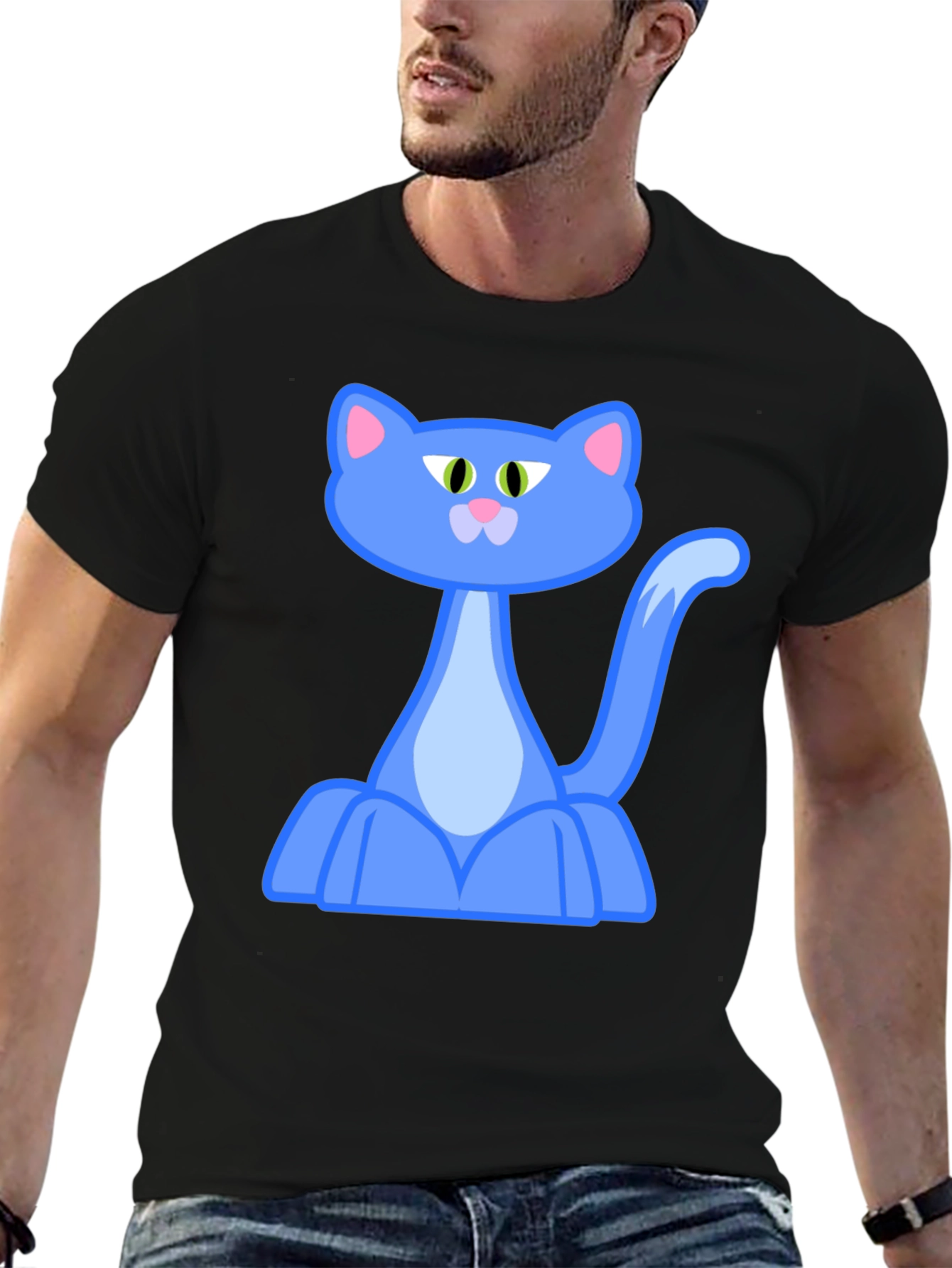 Cartoon Cat Graphic Tee - Black Cotton Blend