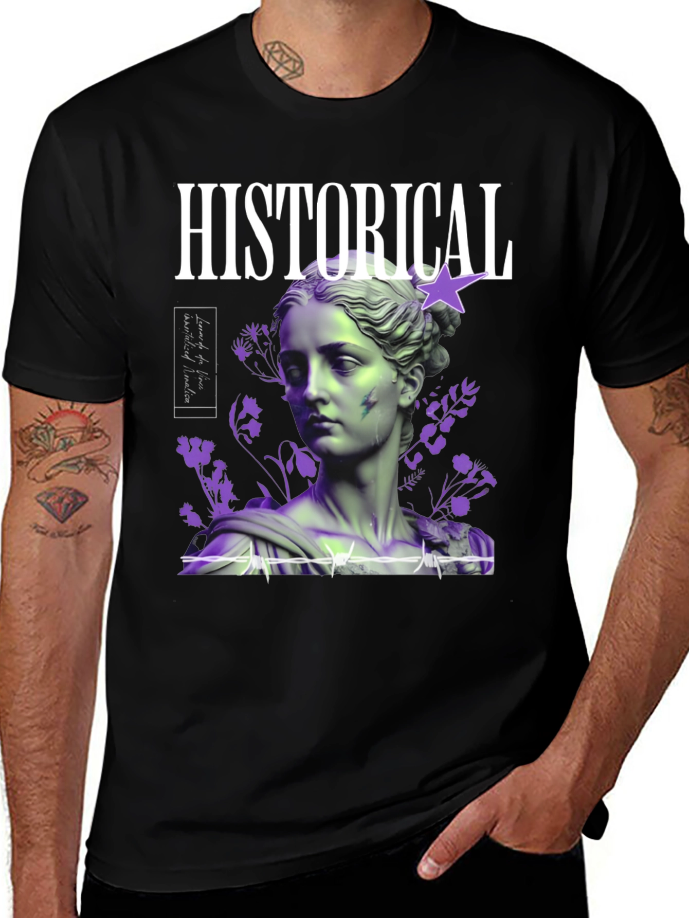 Historical Statue Graphic Print Black T-Shirt