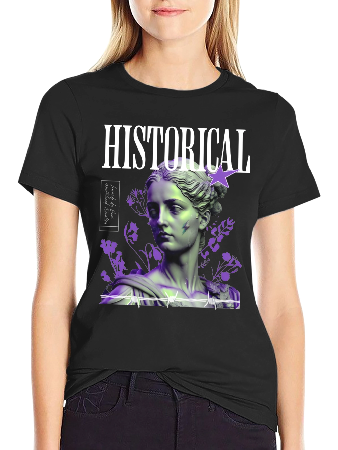Historical Statue Graphic Print Black T-Shirt