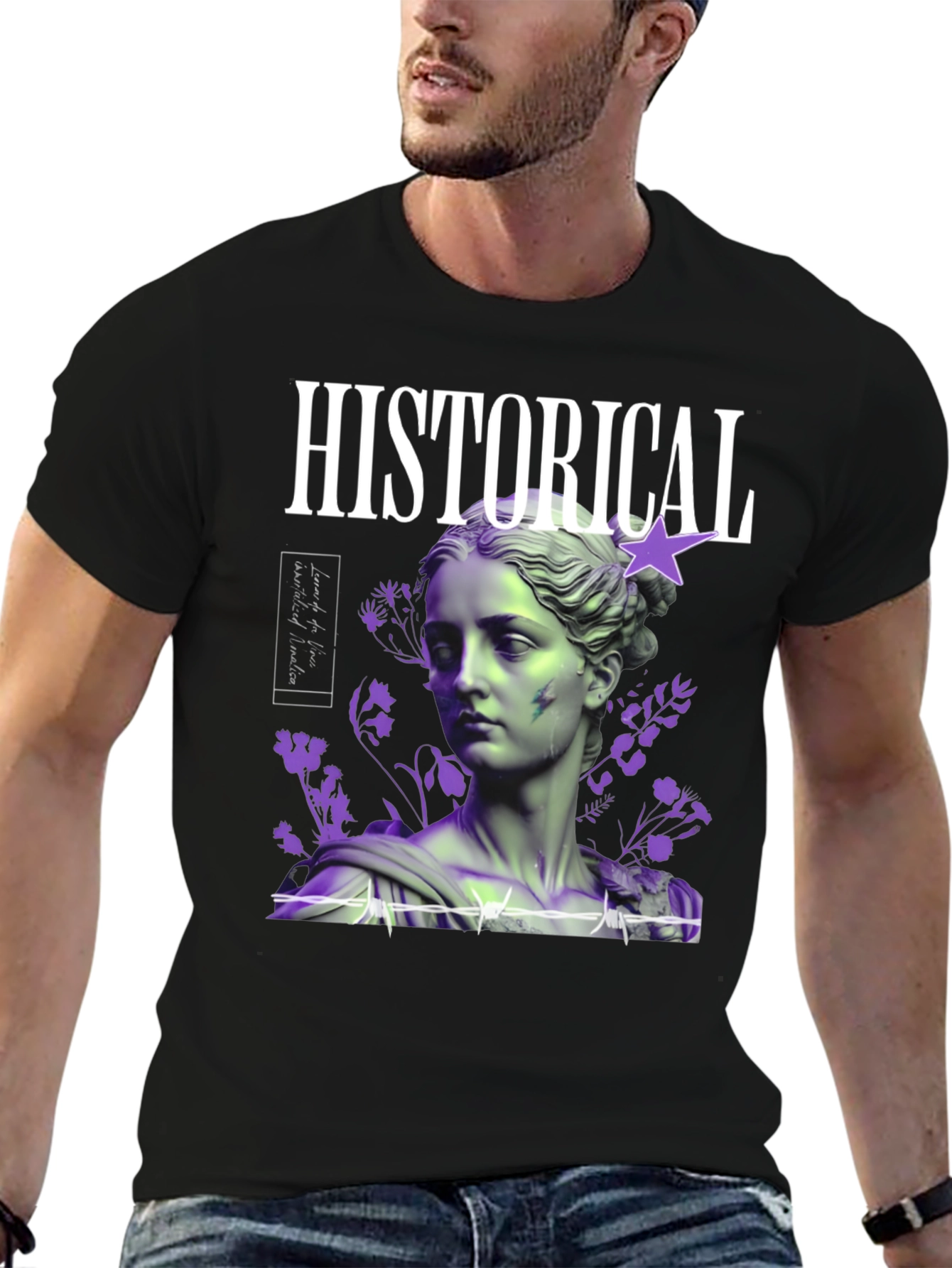 Historical Statue Graphic Print Black T-Shirt