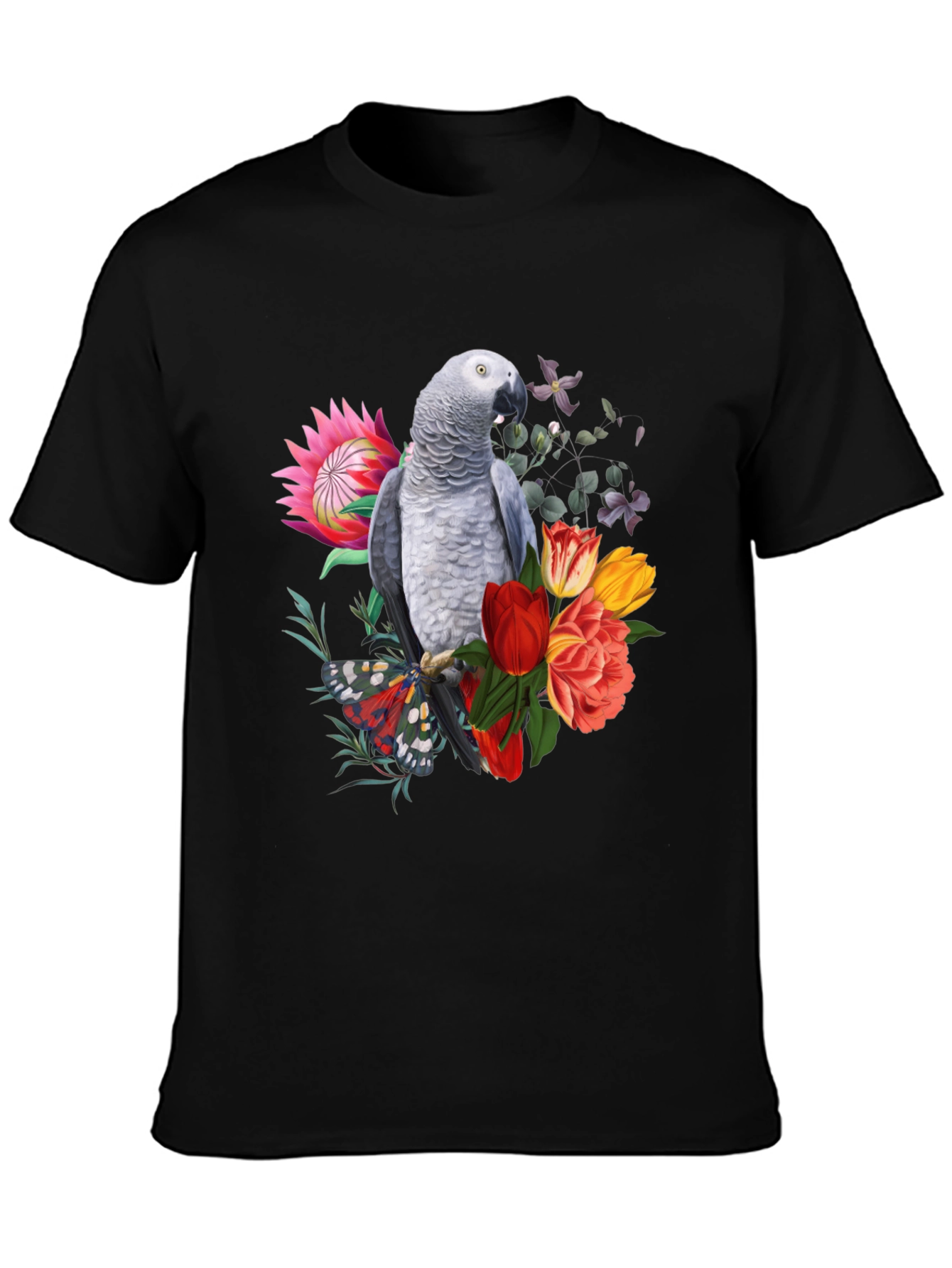 Parrot & Floral Print Black T-Shirt