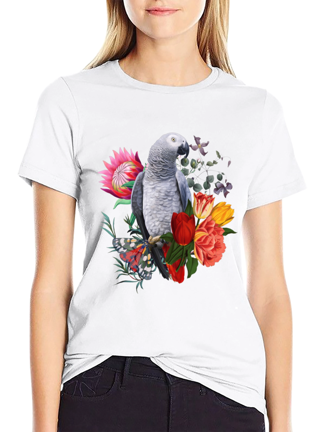 Parrot & Floral Print Black T-Shirt
