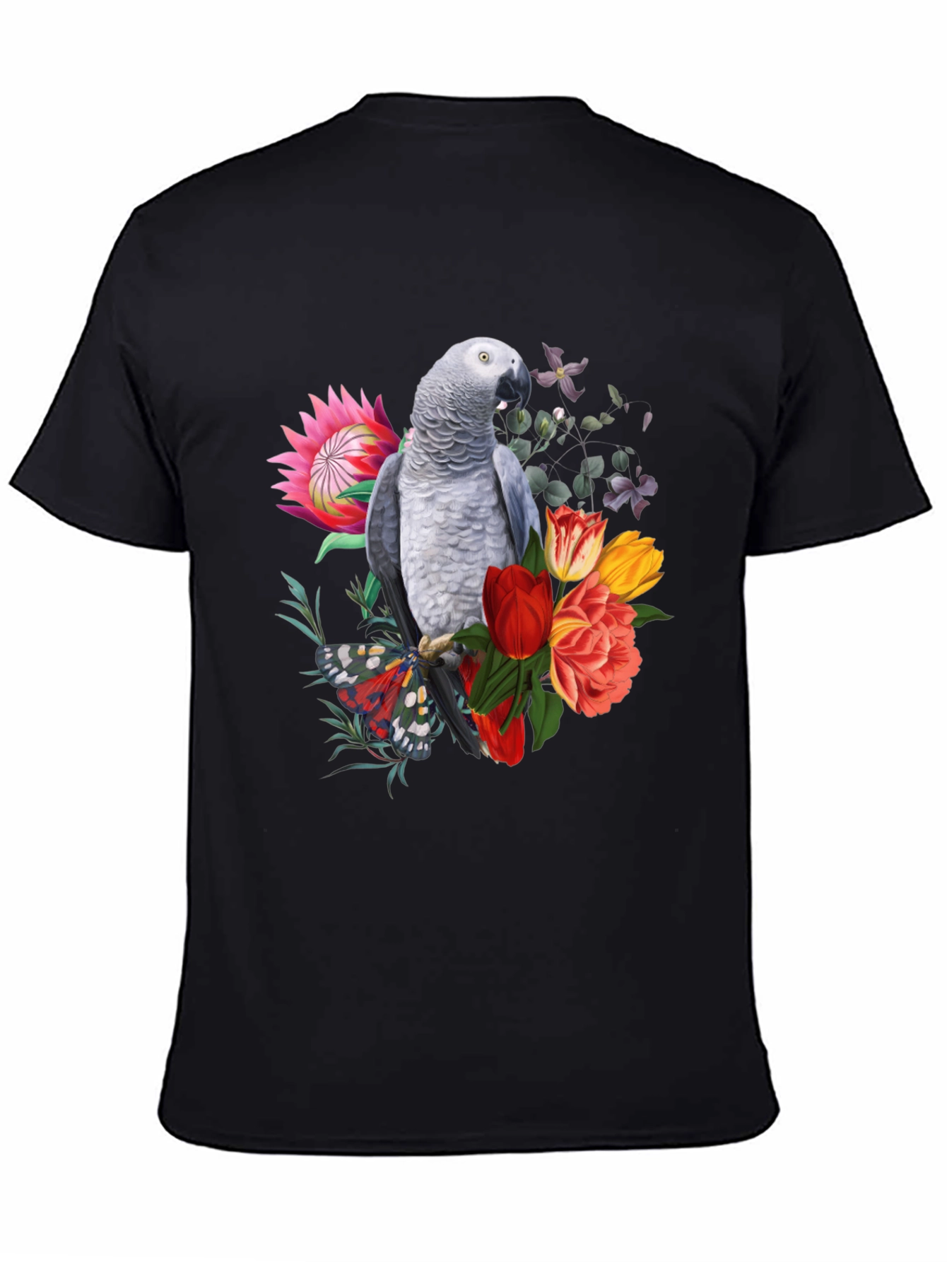 Parrot & Floral Print Black T-Shirt