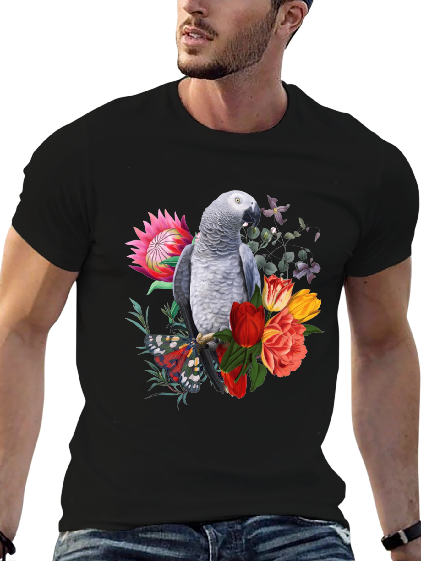 Parrot & Floral Print Black T-Shirt