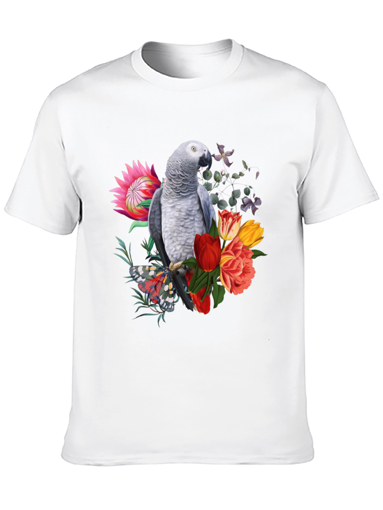 Parrot & Floral Print Black T-Shirt