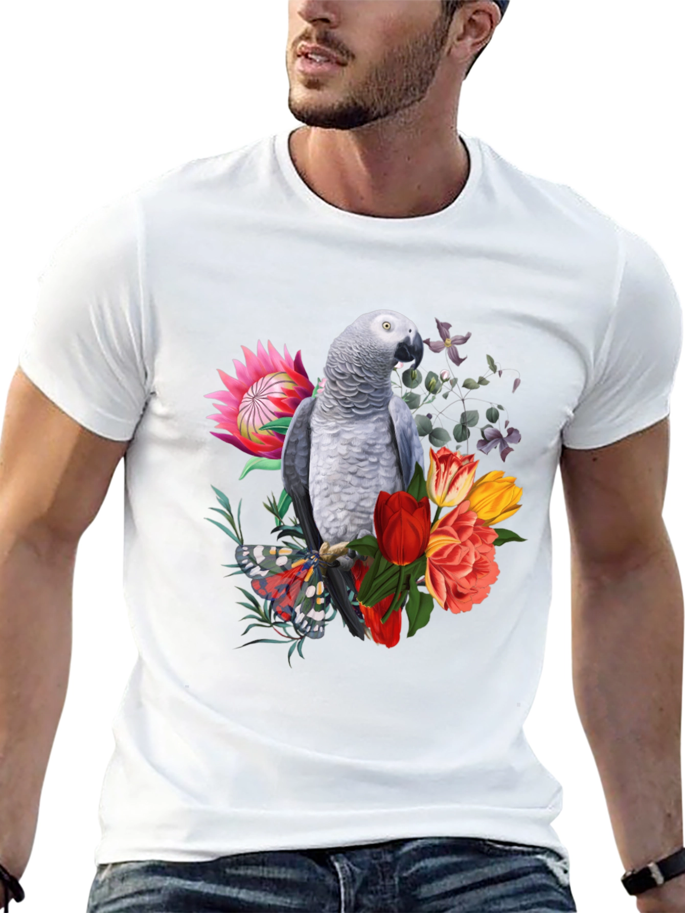 Parrot & Floral Print Black T-Shirt
