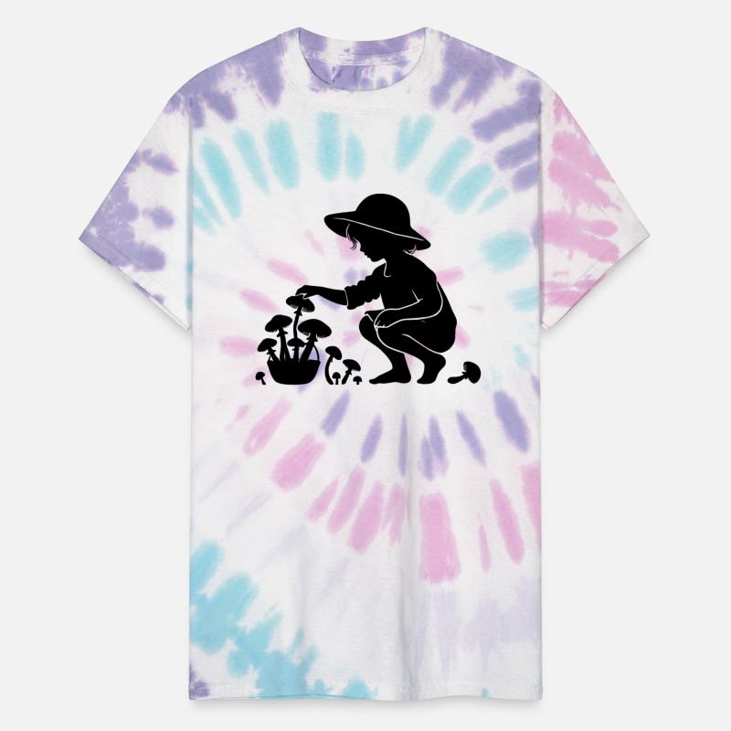 charming silhouette motif girl collects mushrooms