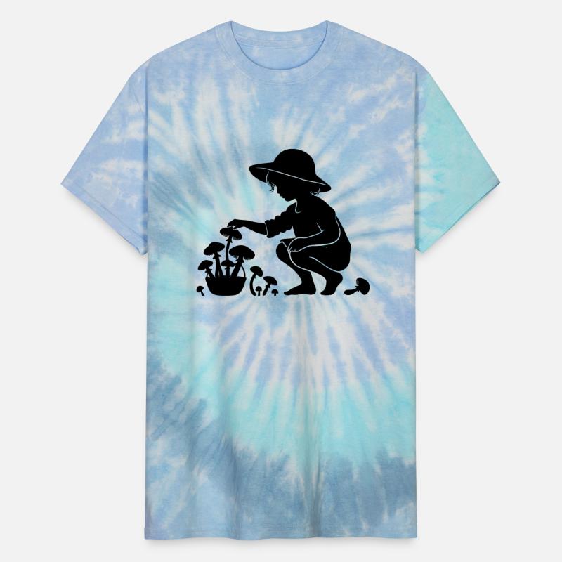 charming silhouette motif girl collects mushrooms