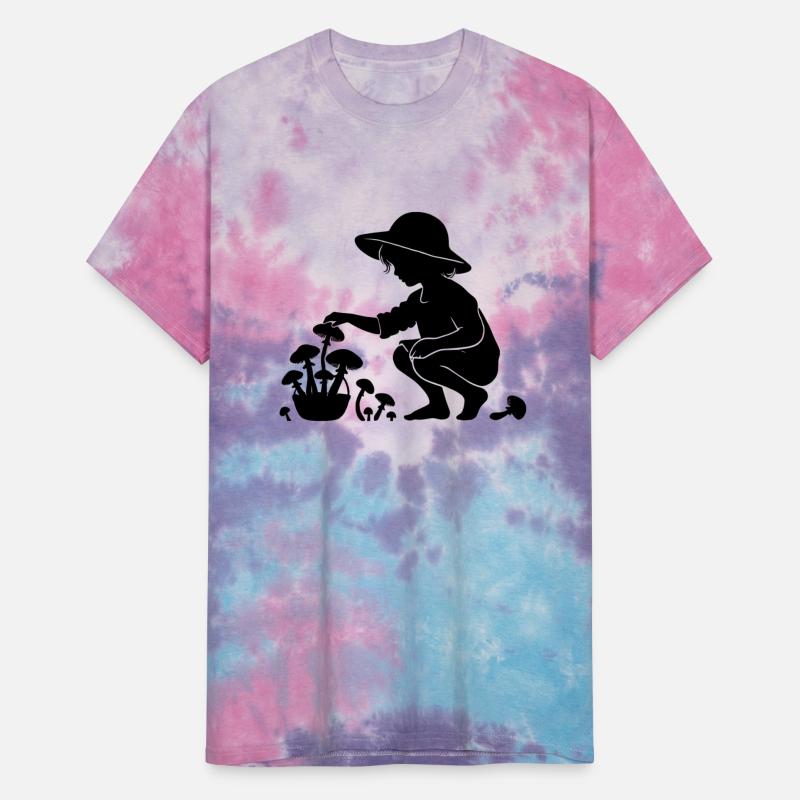 charming silhouette motif girl collects mushrooms