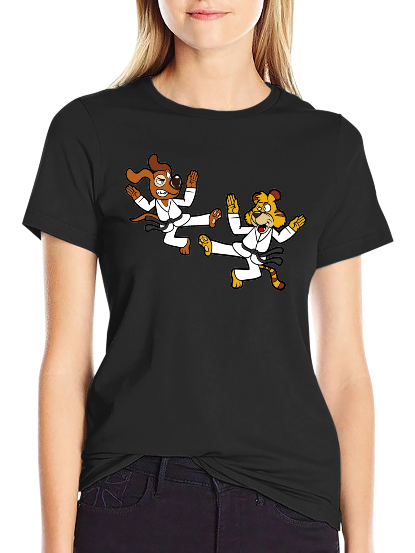 Karate Dog & Tiger Black T-Shirt