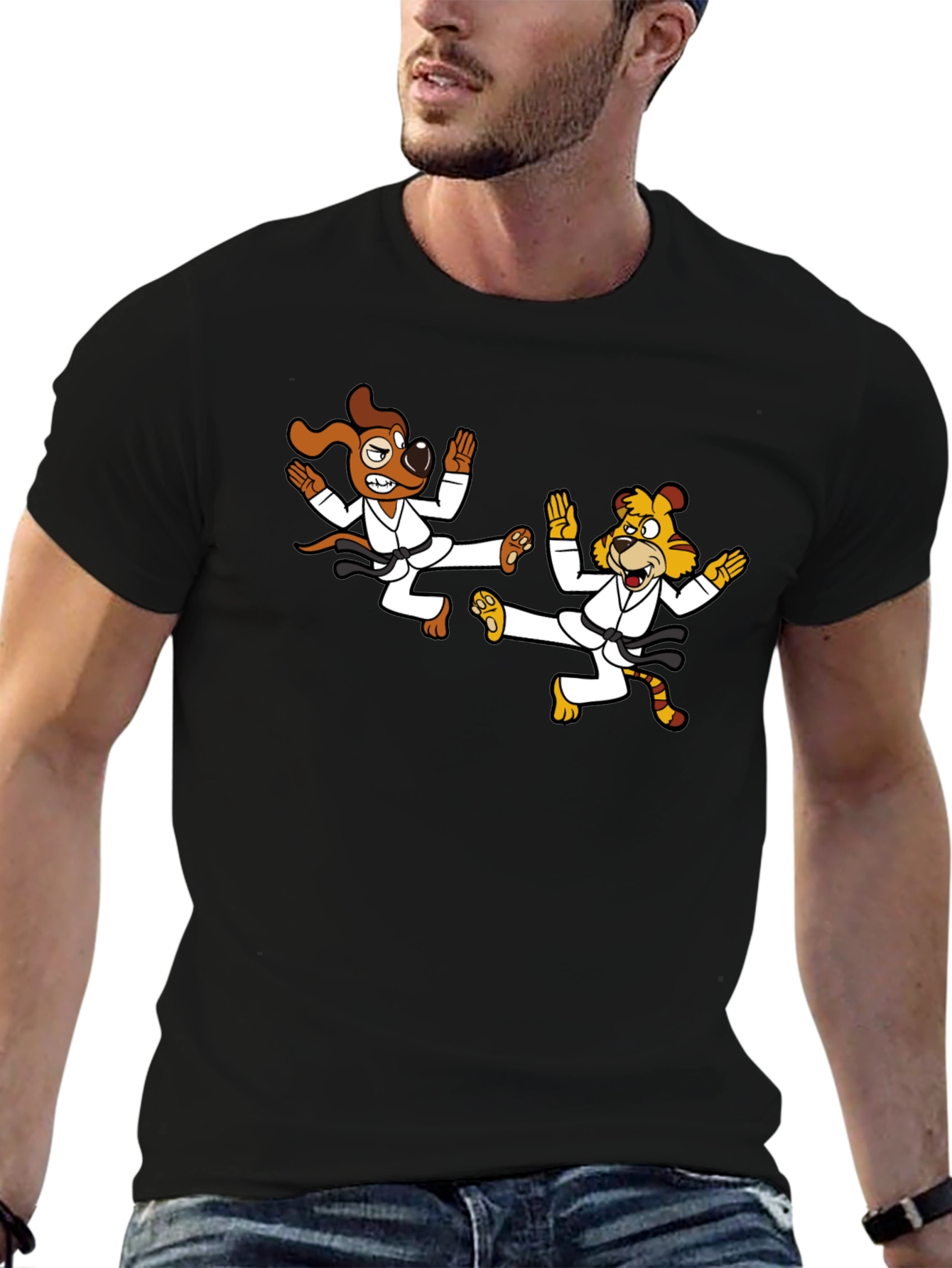 Karate Dog & Tiger Black T-Shirt