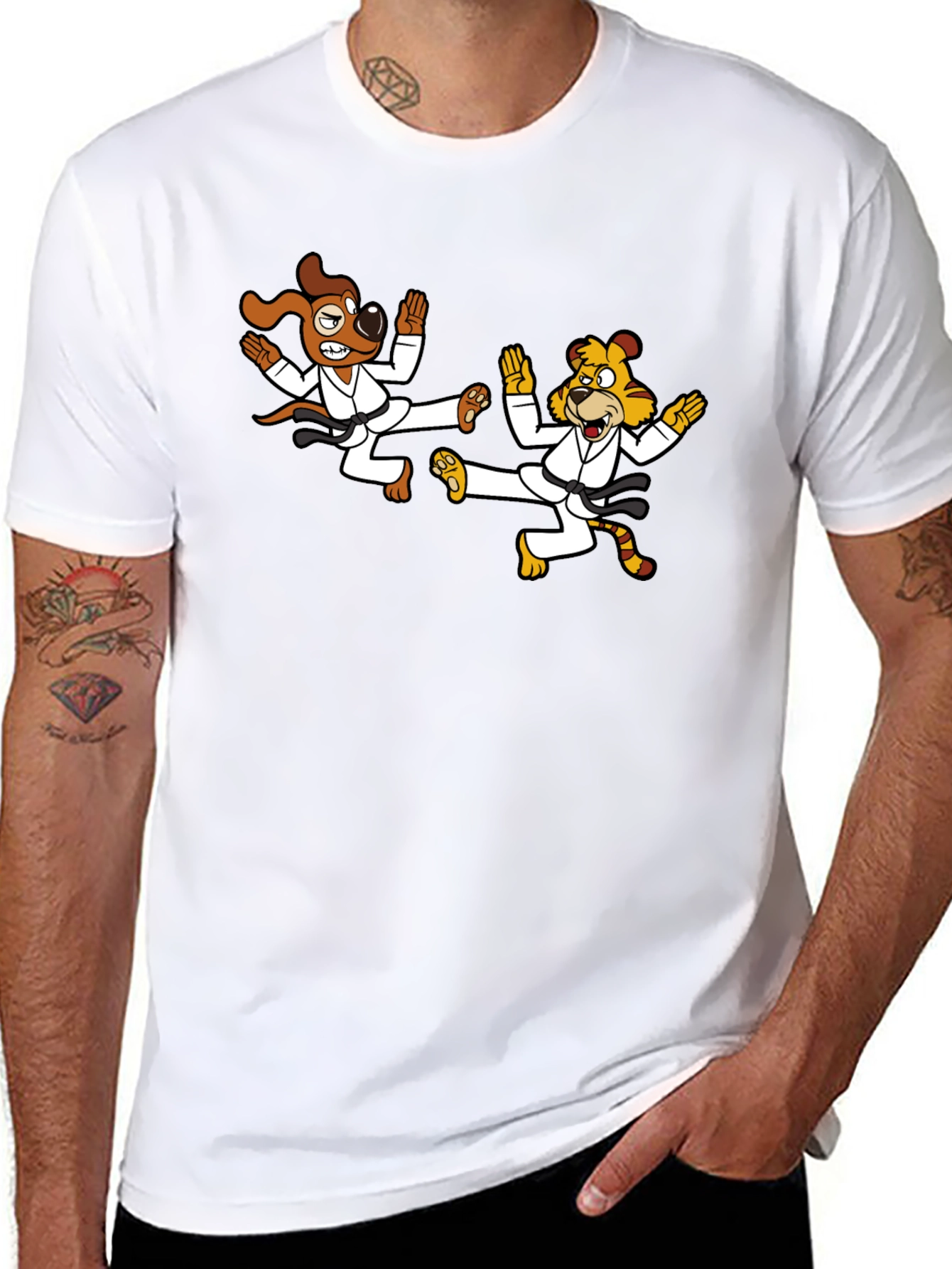 Karate Dog & Tiger Black T-Shirt