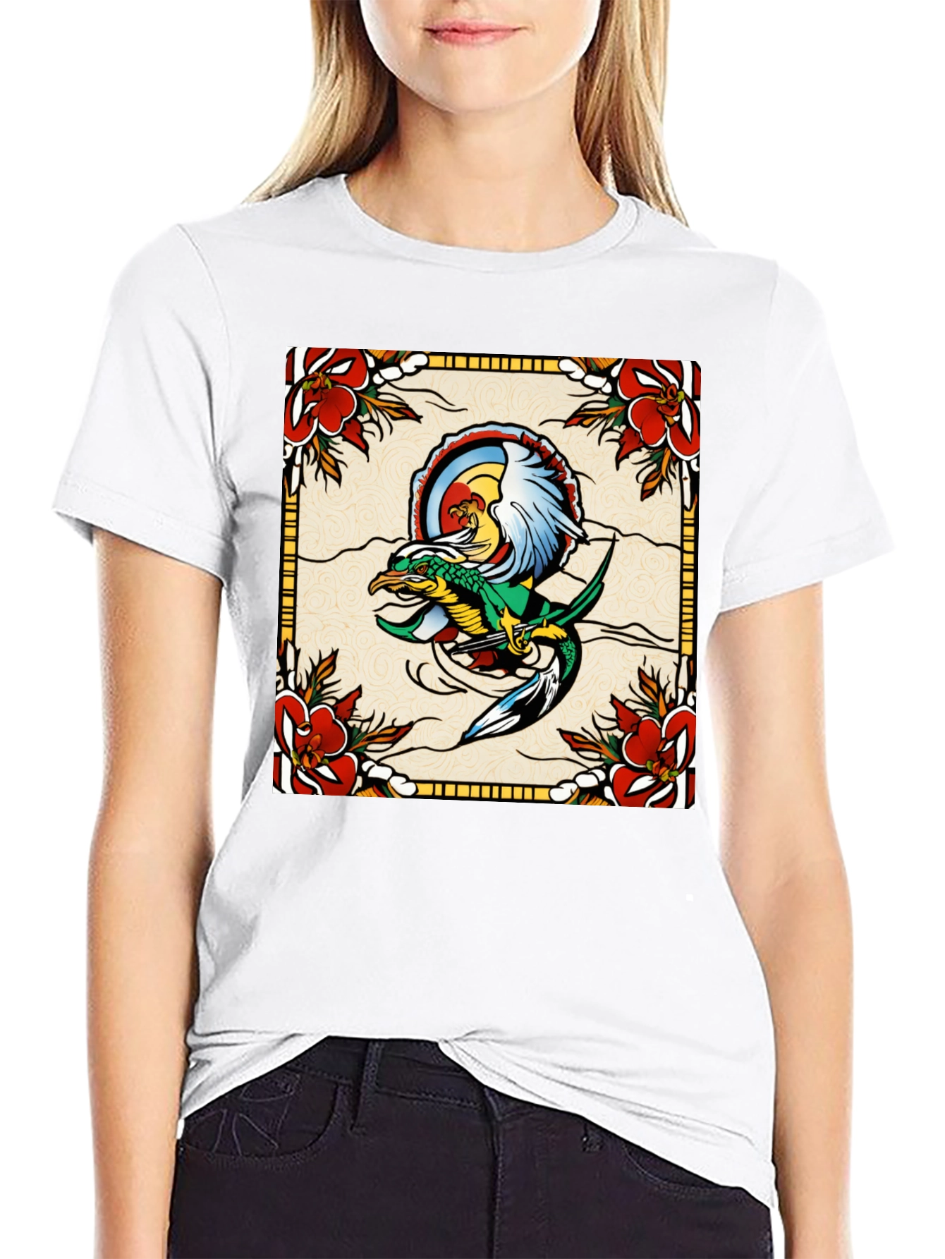 Retro Dragon & Floral Graphic T-Shirt