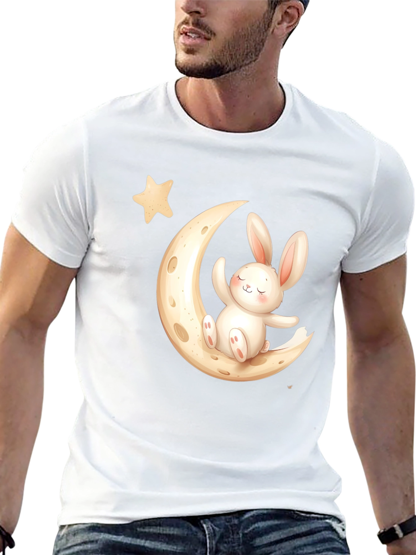 Cute Bunny on Moon Black T-Shirt