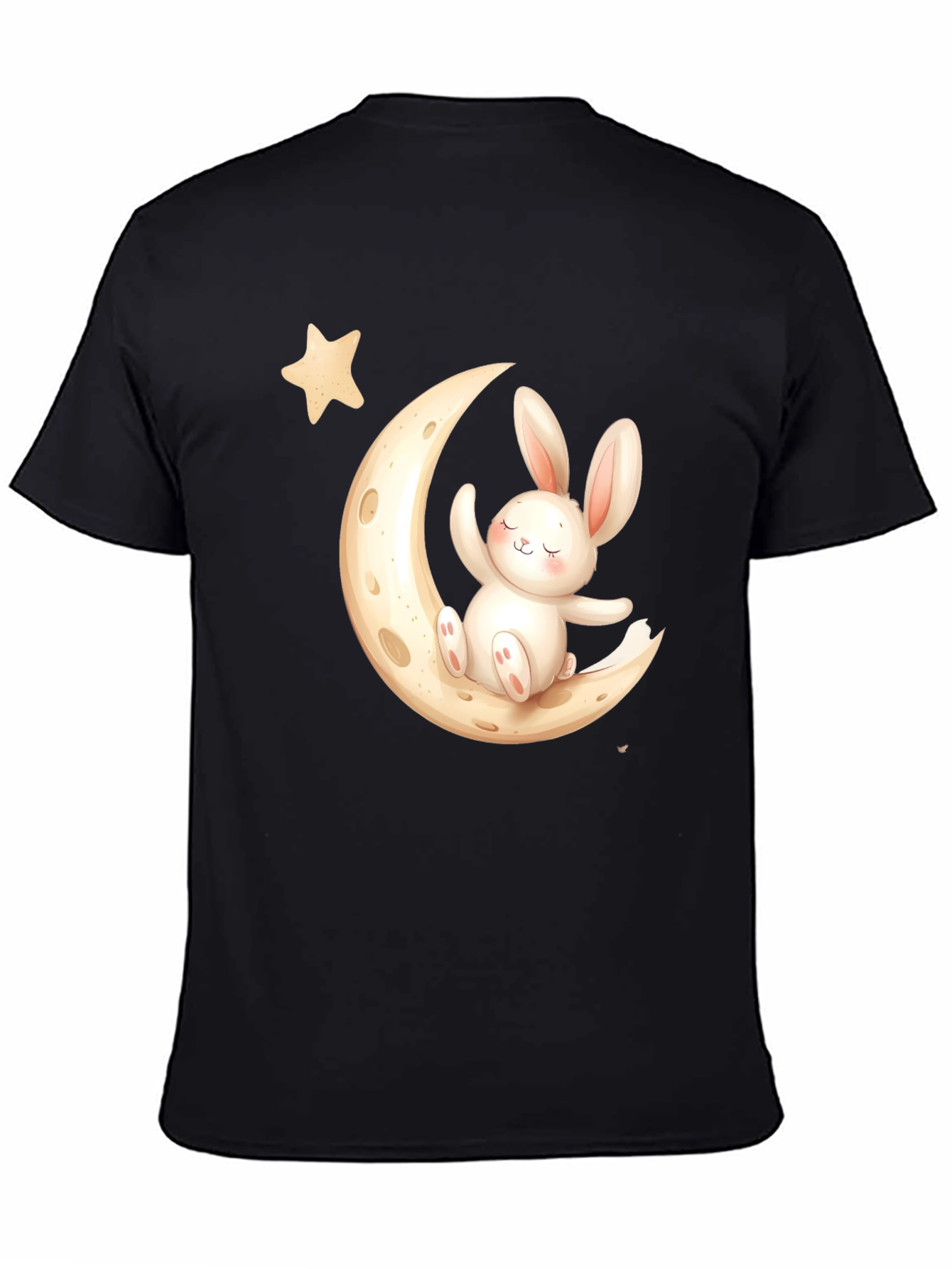 Cute Bunny on Moon Black T-Shirt