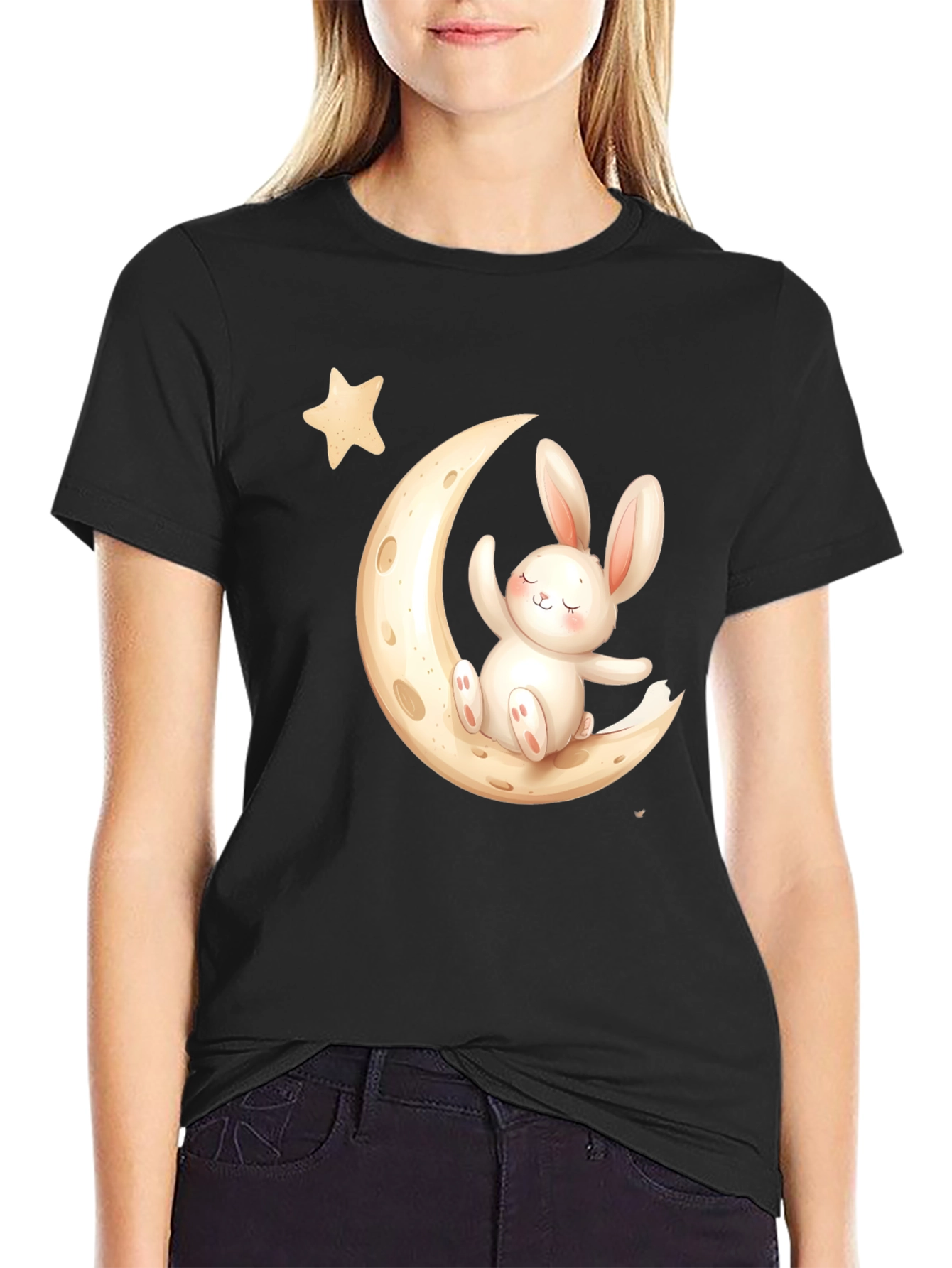 Cute Bunny on Moon Black T-Shirt