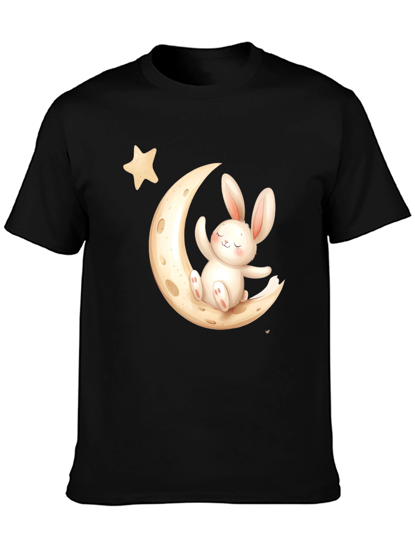 Cute Bunny on Moon Black T-Shirt