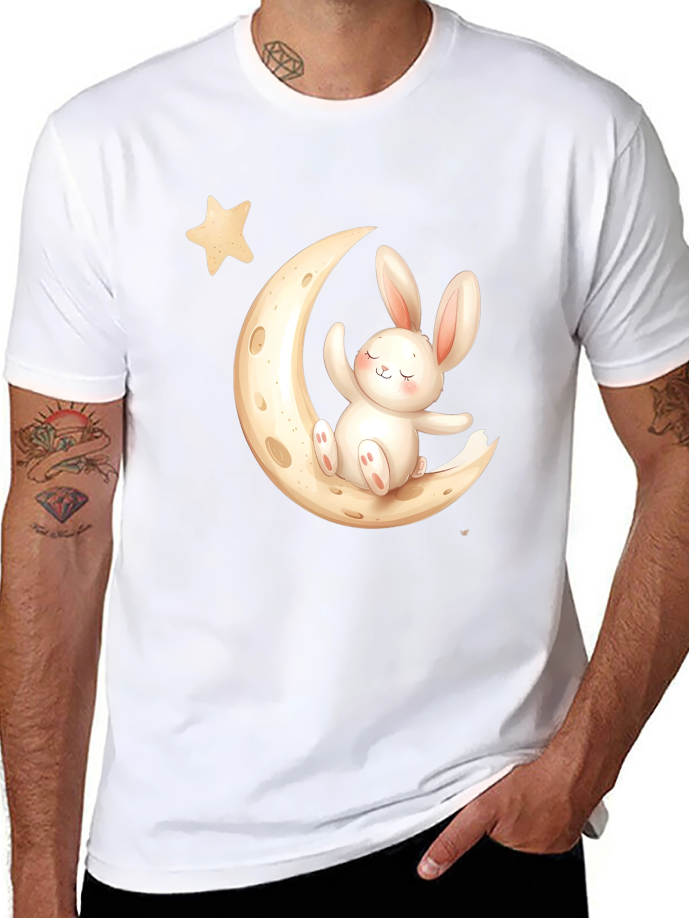 Cute Bunny on Moon Black T-Shirt