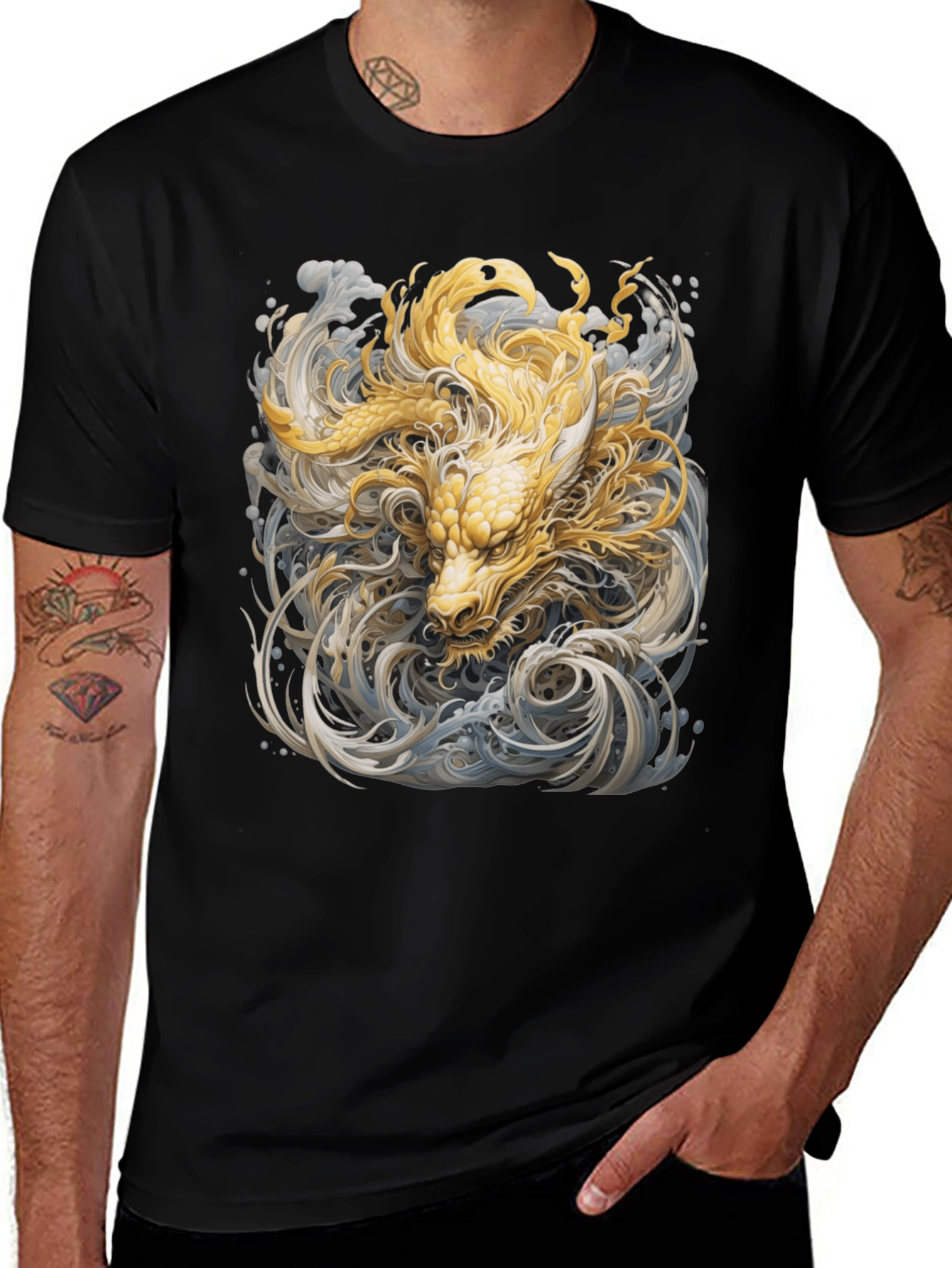 Golden Dragon Graphic Tee - Stylish Black Cotton T-Shirt