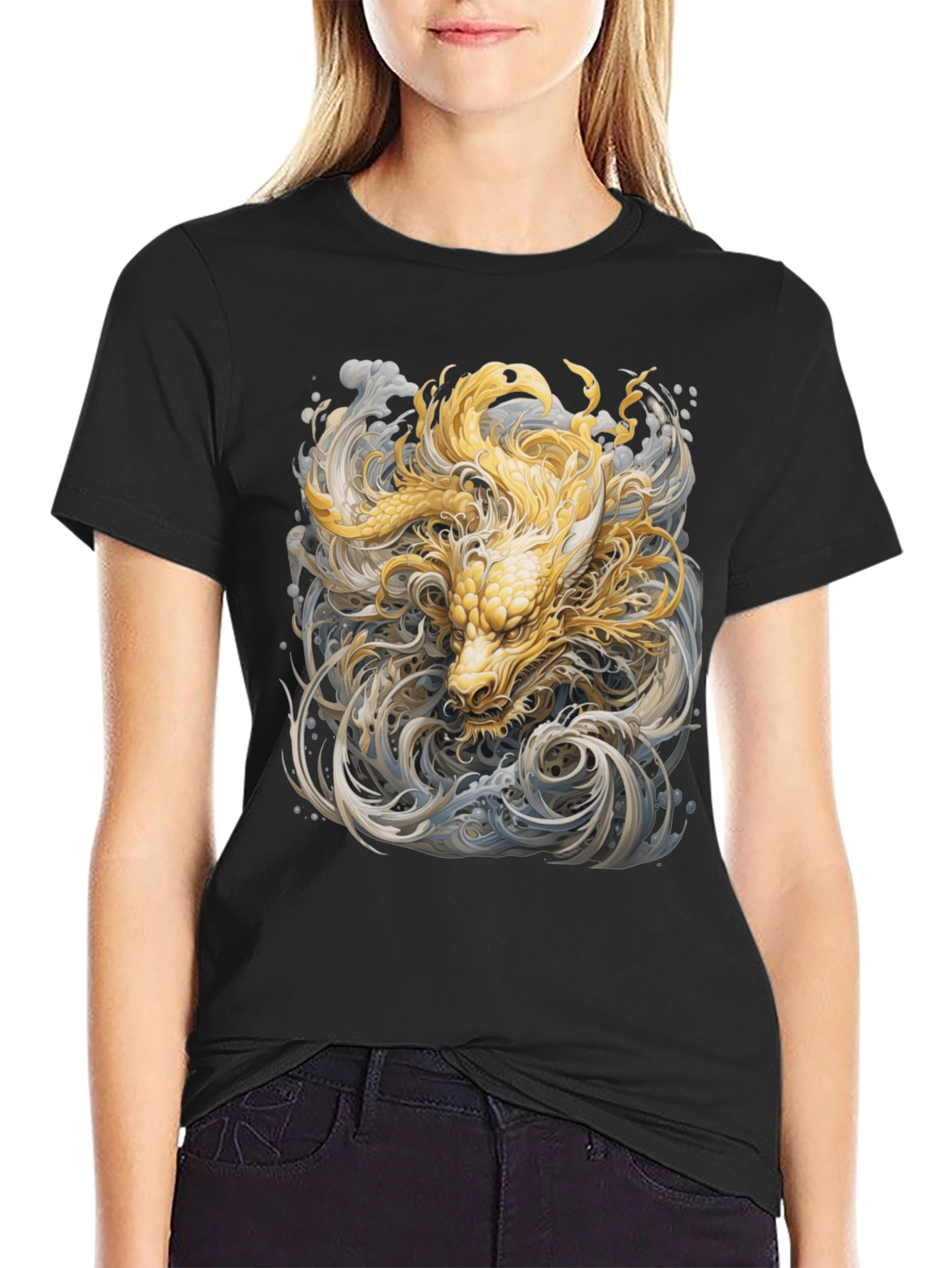 Golden Dragon Graphic Tee - Stylish Black Cotton T-Shirt