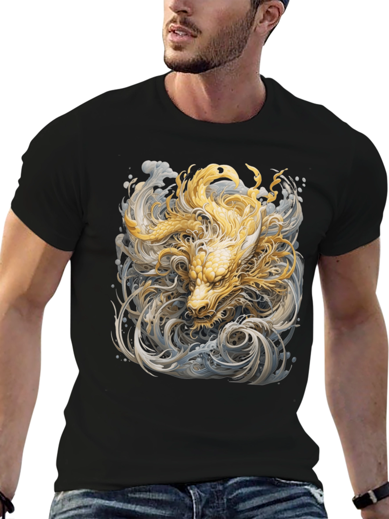 Golden Dragon Graphic Tee - Stylish Black Cotton T-Shirt