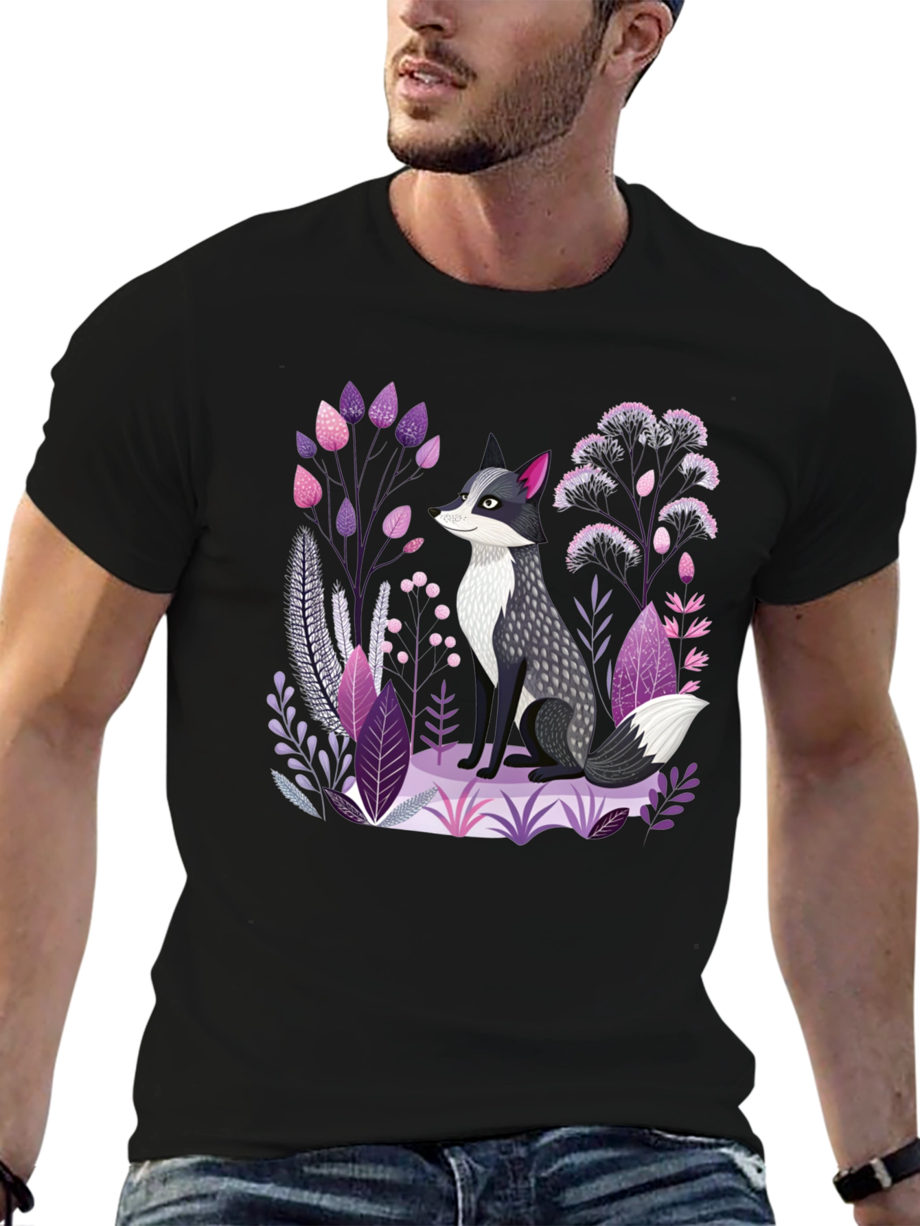 Fox & Floral Graphic Print Black T-Shirt