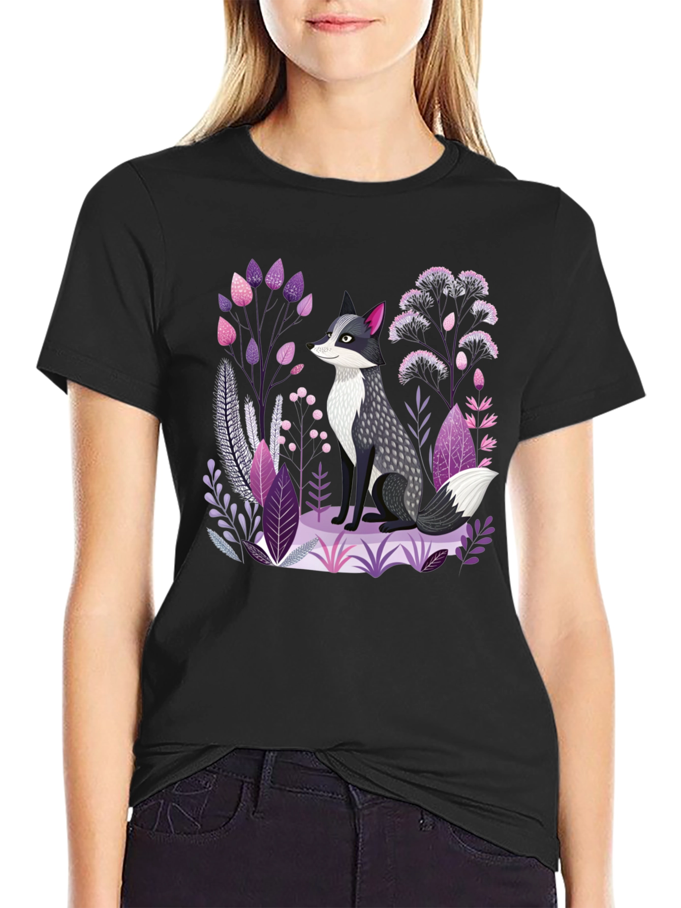 Fox & Floral Graphic Print Black T-Shirt