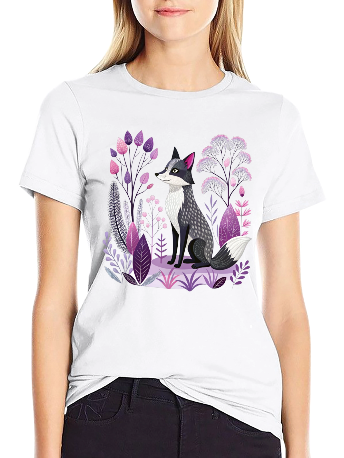 Fox & Floral Graphic Print Black T-Shirt