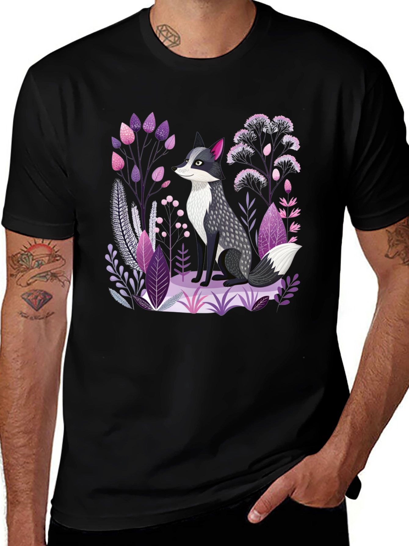 Fox & Floral Graphic Print Black T-Shirt