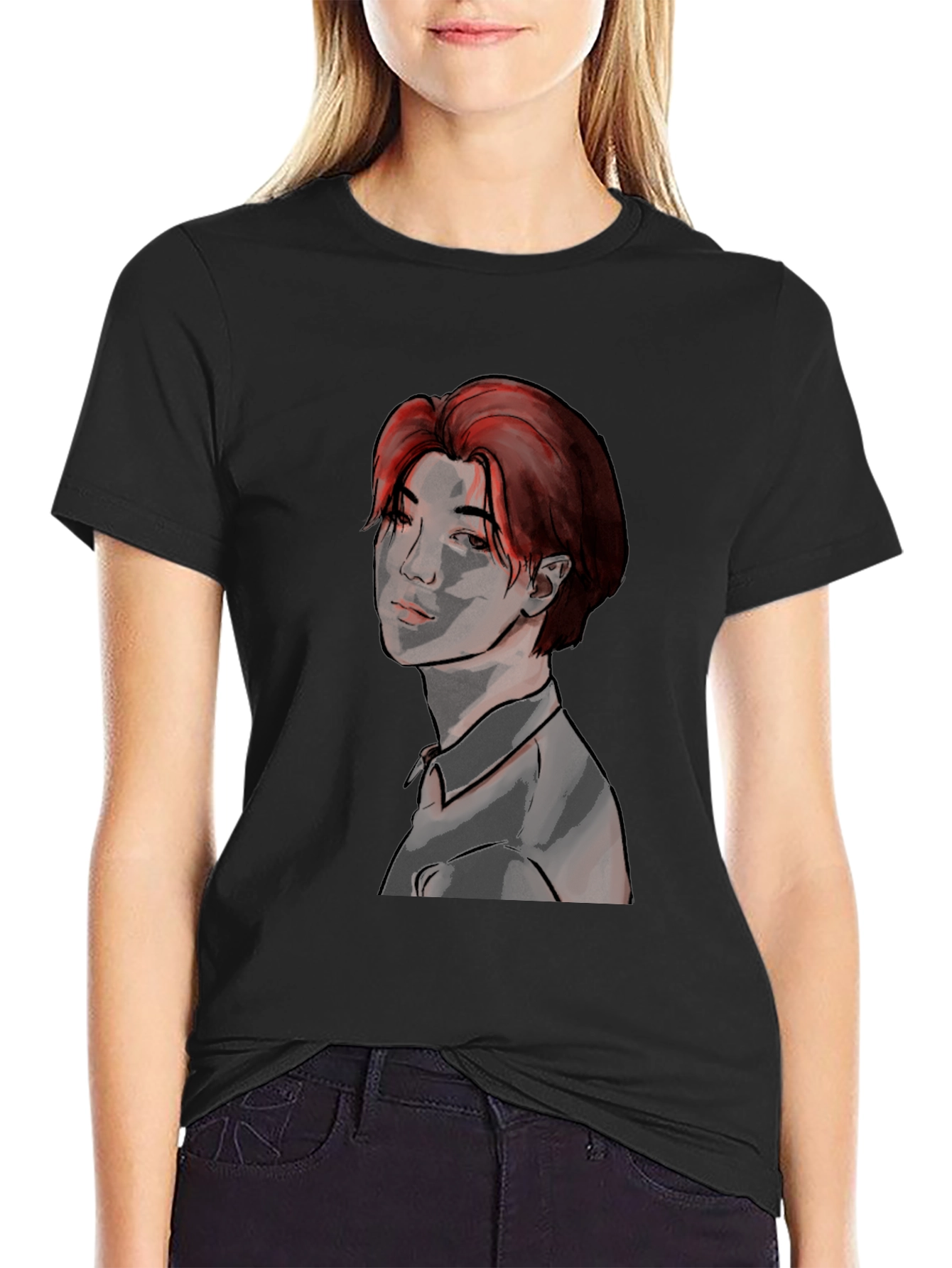 Graphic Print T-Shirt with Red Hair Character