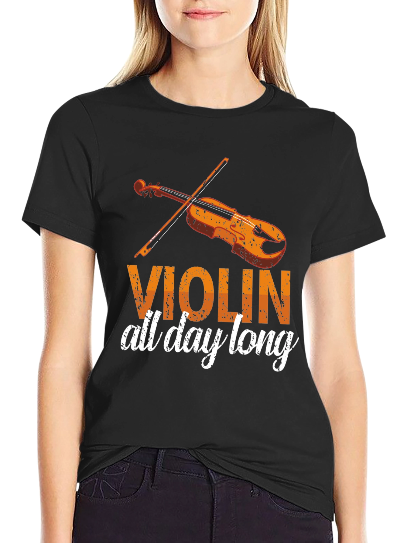 Violin All Day Long Black Graphic Tee