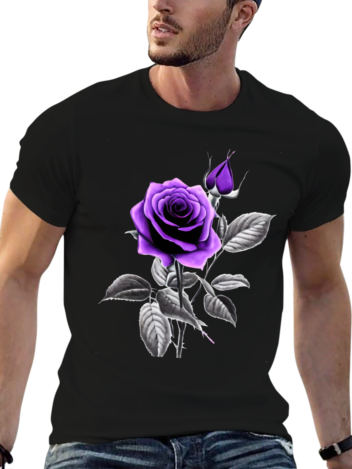 Purple Rose Graphic Black T-Shirt