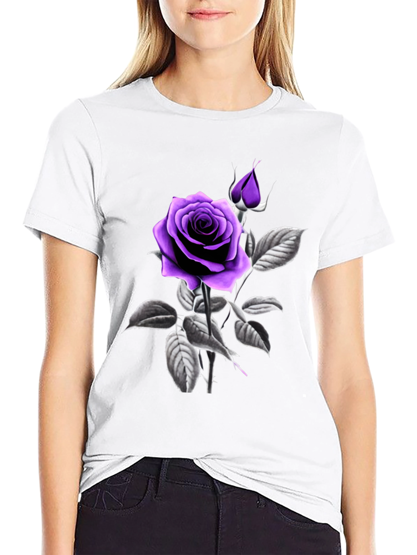 Purple Rose Graphic Black T-Shirt