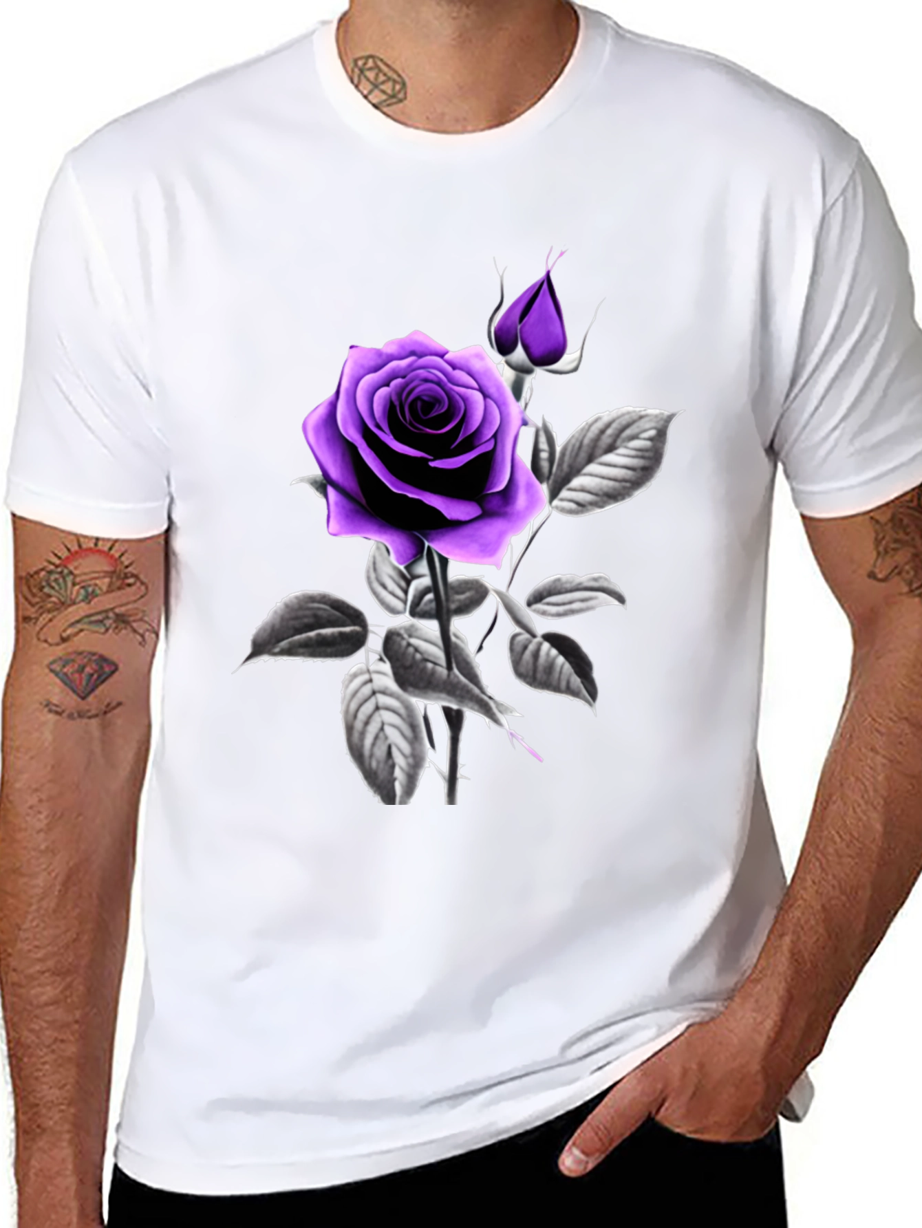Purple Rose Graphic Black T-Shirt