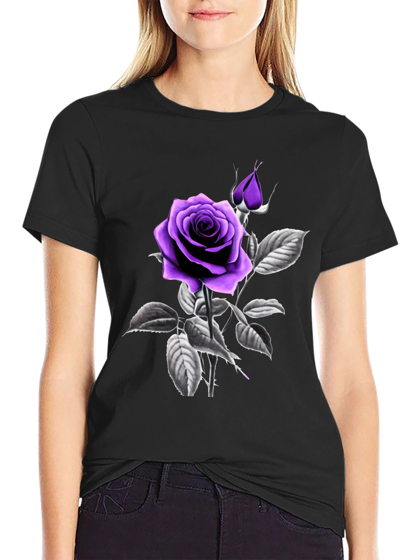 Purple Rose Graphic Black T-Shirt