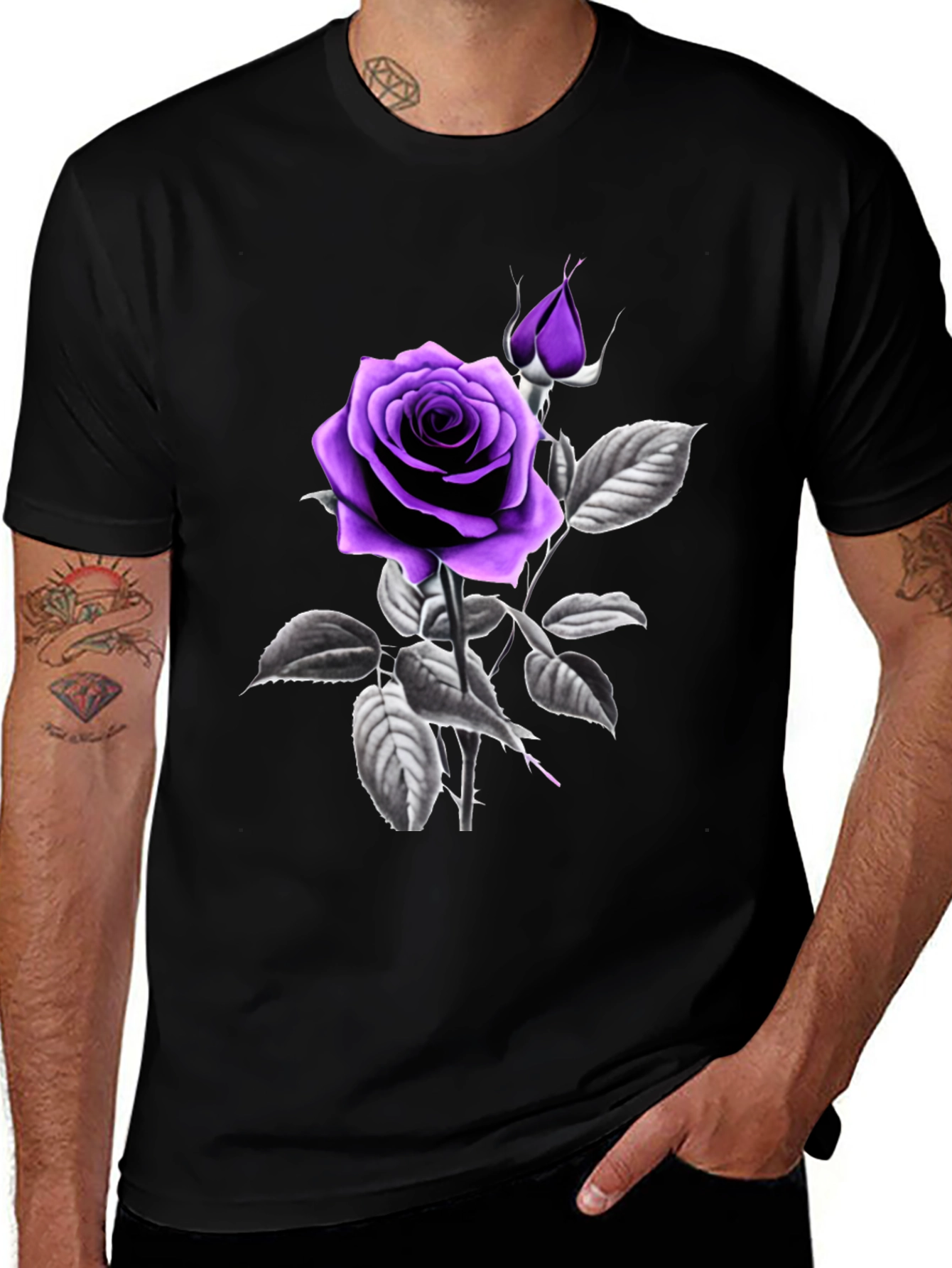 Purple Rose Graphic Black T-Shirt