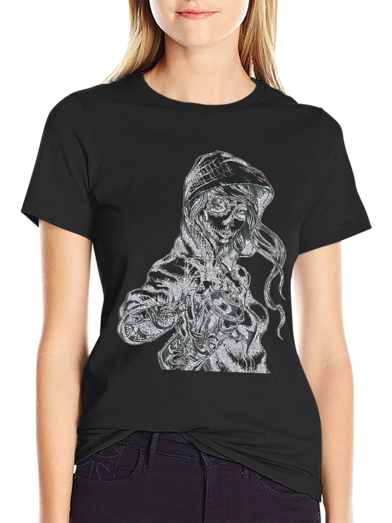 Sugar Skull Girl Graphic Print Black T-Shirt