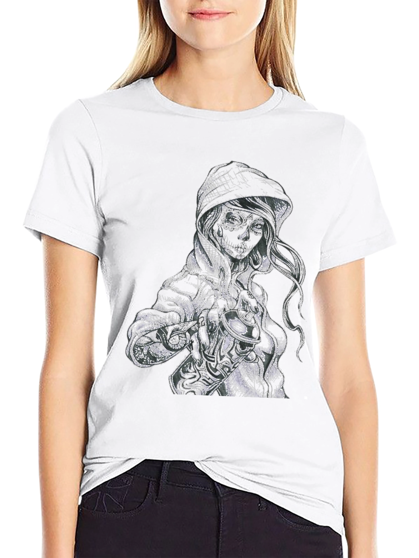 Sugar Skull Girl Graphic Print Black T-Shirt
